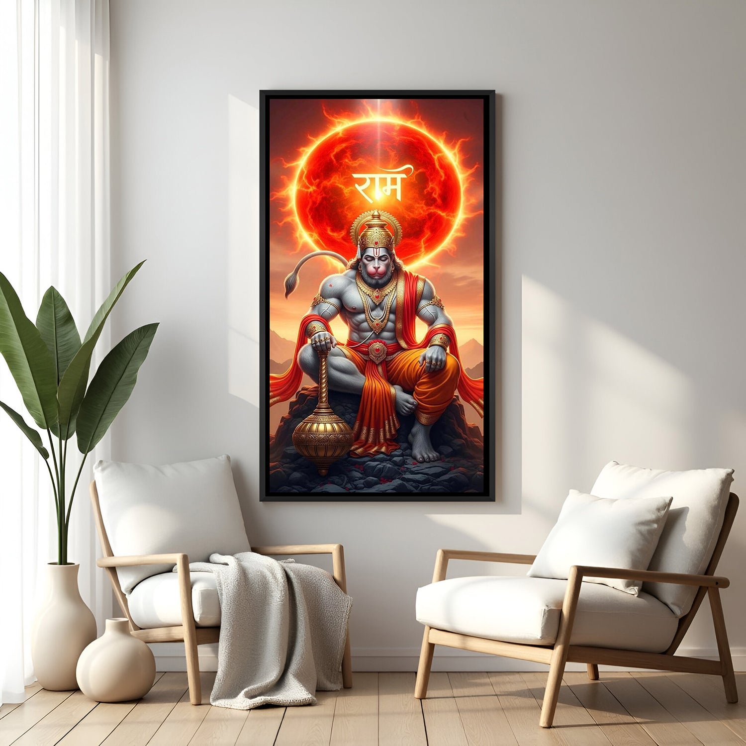 hanuman ji canvas with elegant frame radiating spiritual warmth devotion and divine presence in prayer or living room space
