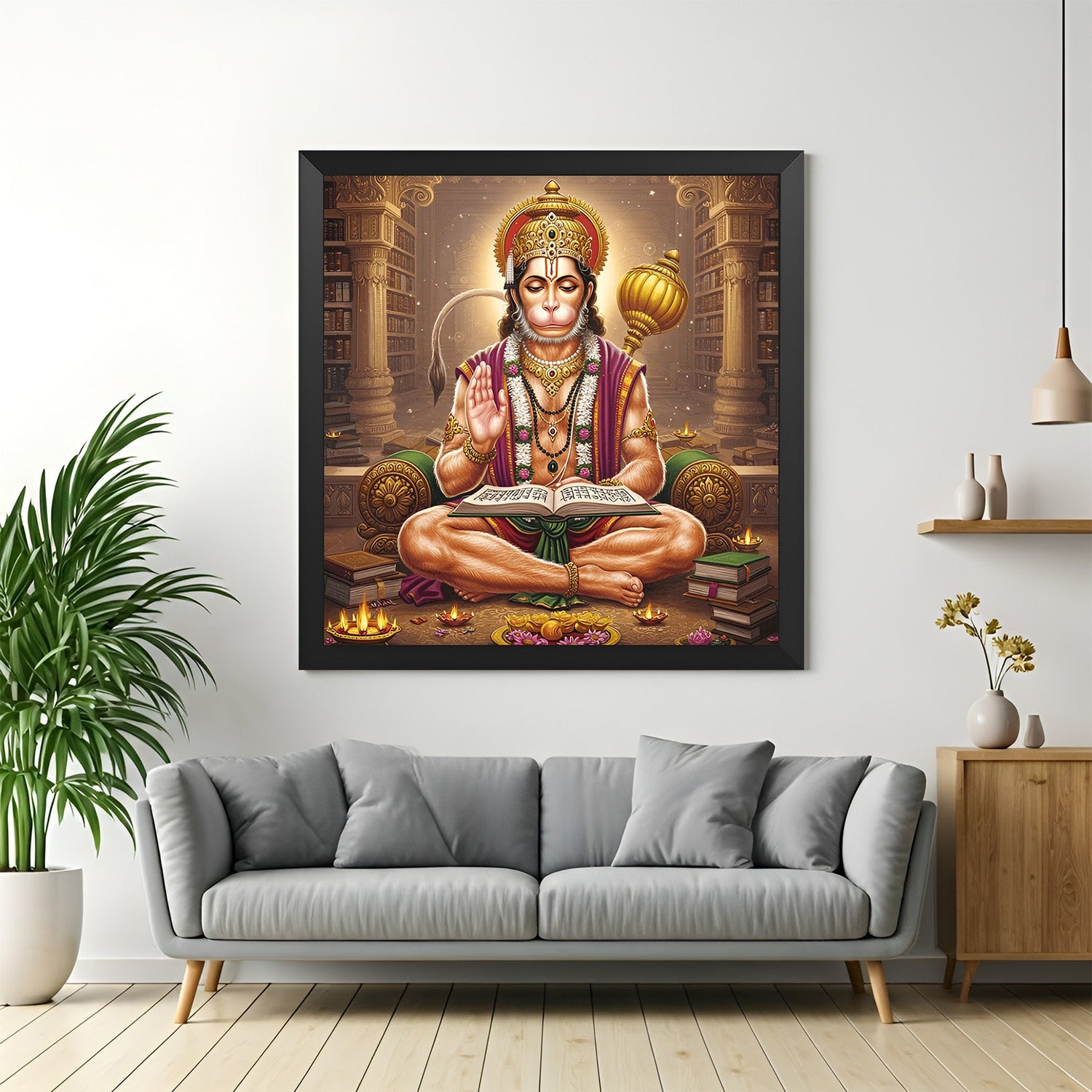 Black frame Hanuman canvas wall art radiating spiritual strength, positivity, and vastu harmony for meditation, gym, or prayer areas