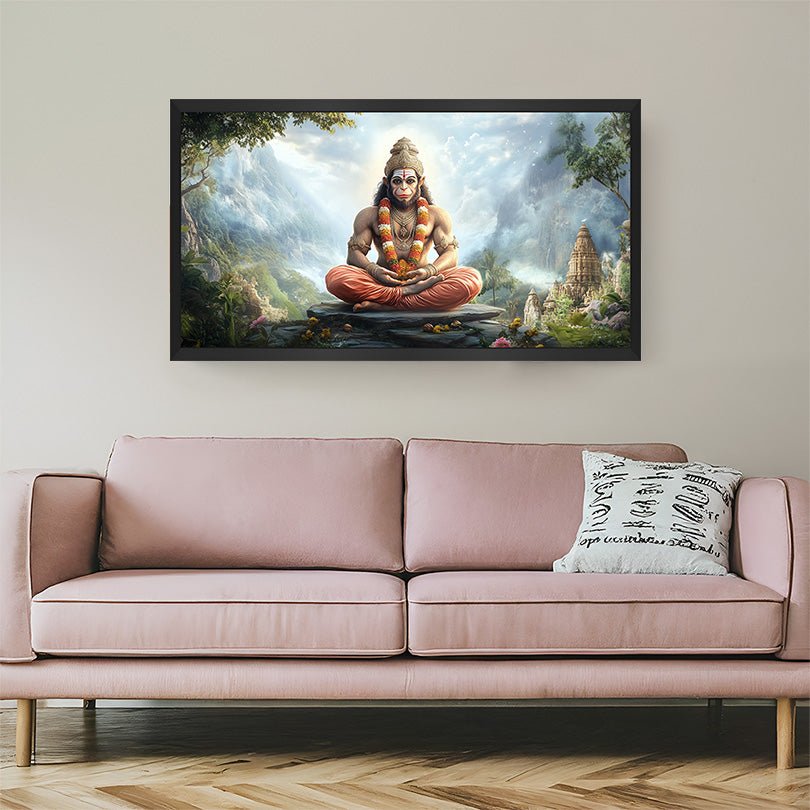 Black frame Hanuman Ji canvas wall art designed for vastu-based strength, energy flow, and spiritual protection in home and workspaces