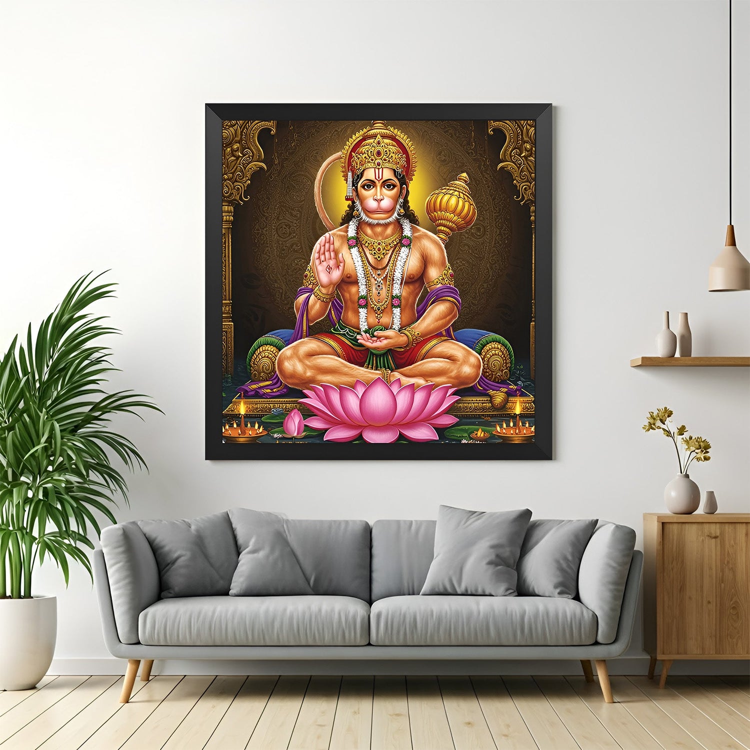 Hanuman Ji wall painting with black floater frame for Vastu home decor offering strength and divine protection