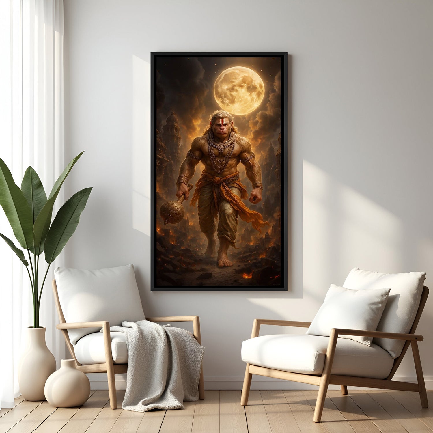 hanuman ji wall art with black floater frame for living room