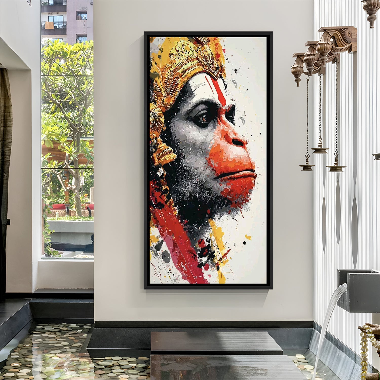 framed hanuman ji canvas wall art in black floater frame highlighting bold expression dynamic texture and spiritual presence perfect for living room or office decor