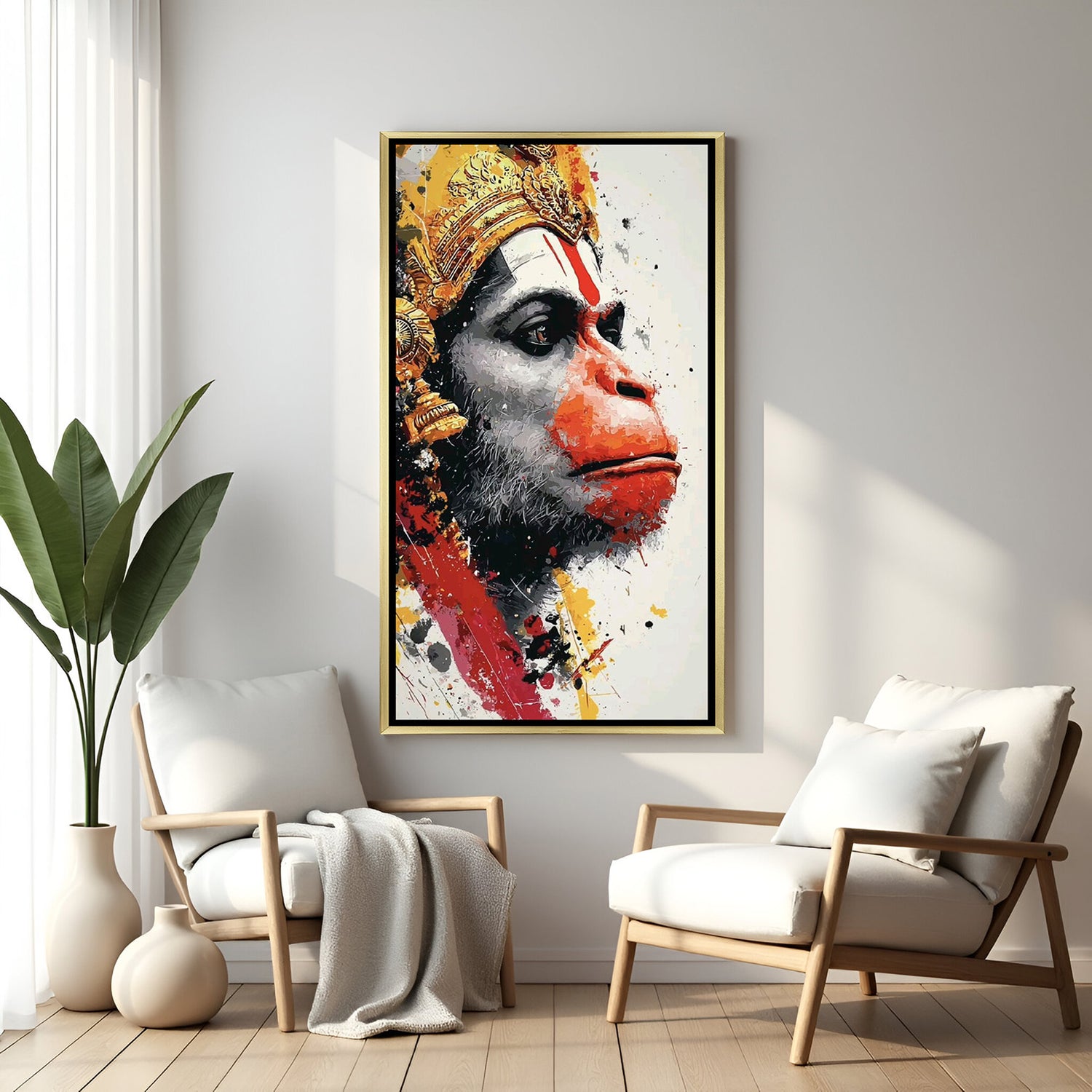 premium hanuman ji wall art with golden floater frame adding a rich elegant and devotional touch ideal for entrance living room temple corner or study area