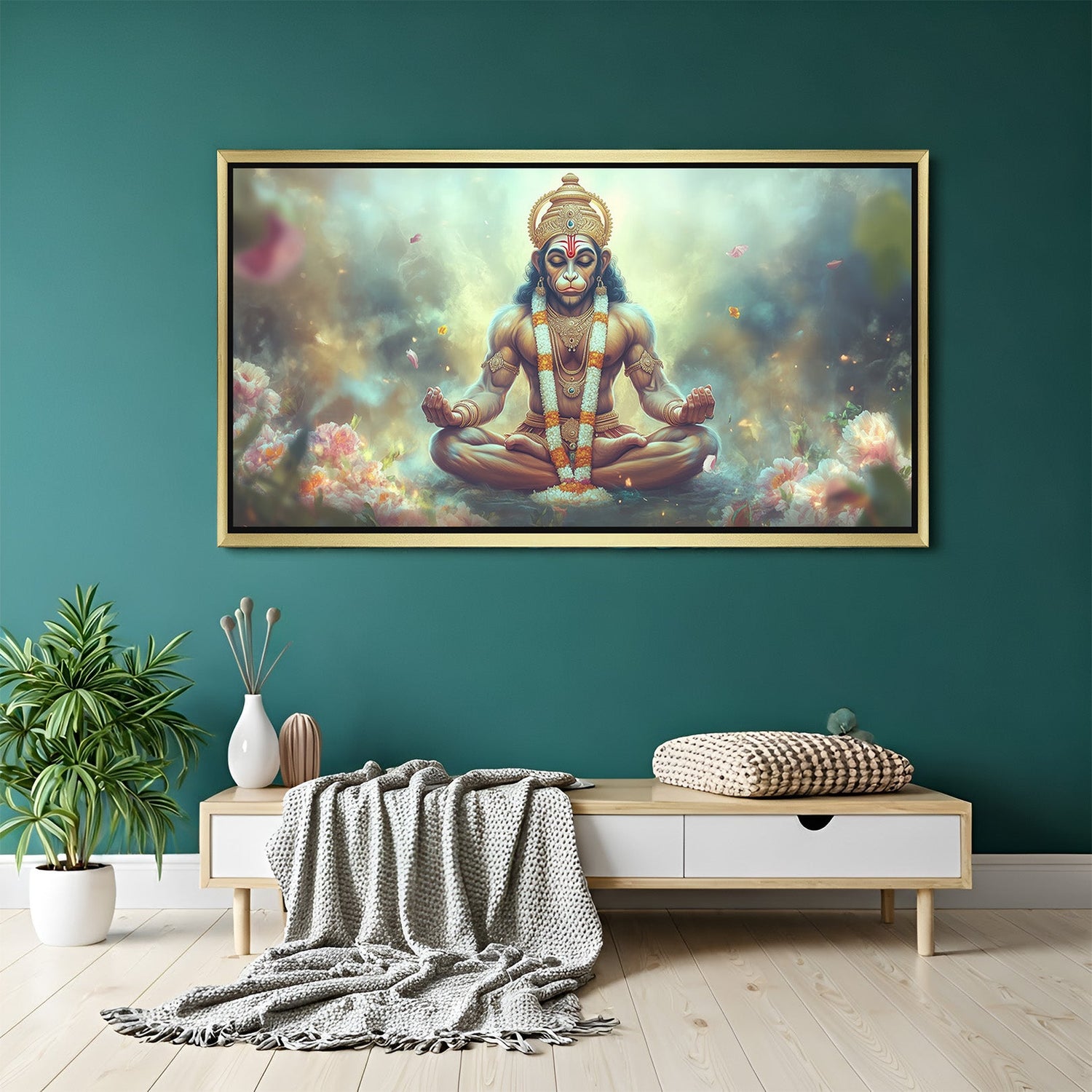 Golden frame Hanuman canvas art for vastu-based peace, divine strength, and powerful home ambiance