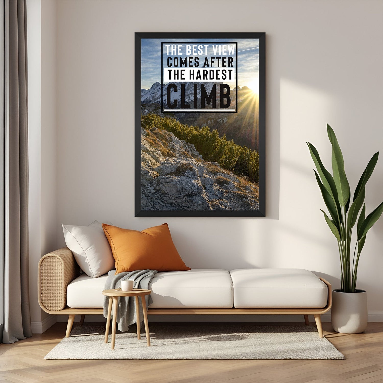 Motivational canvas wall art with black floater frame featuring hardest climb quote