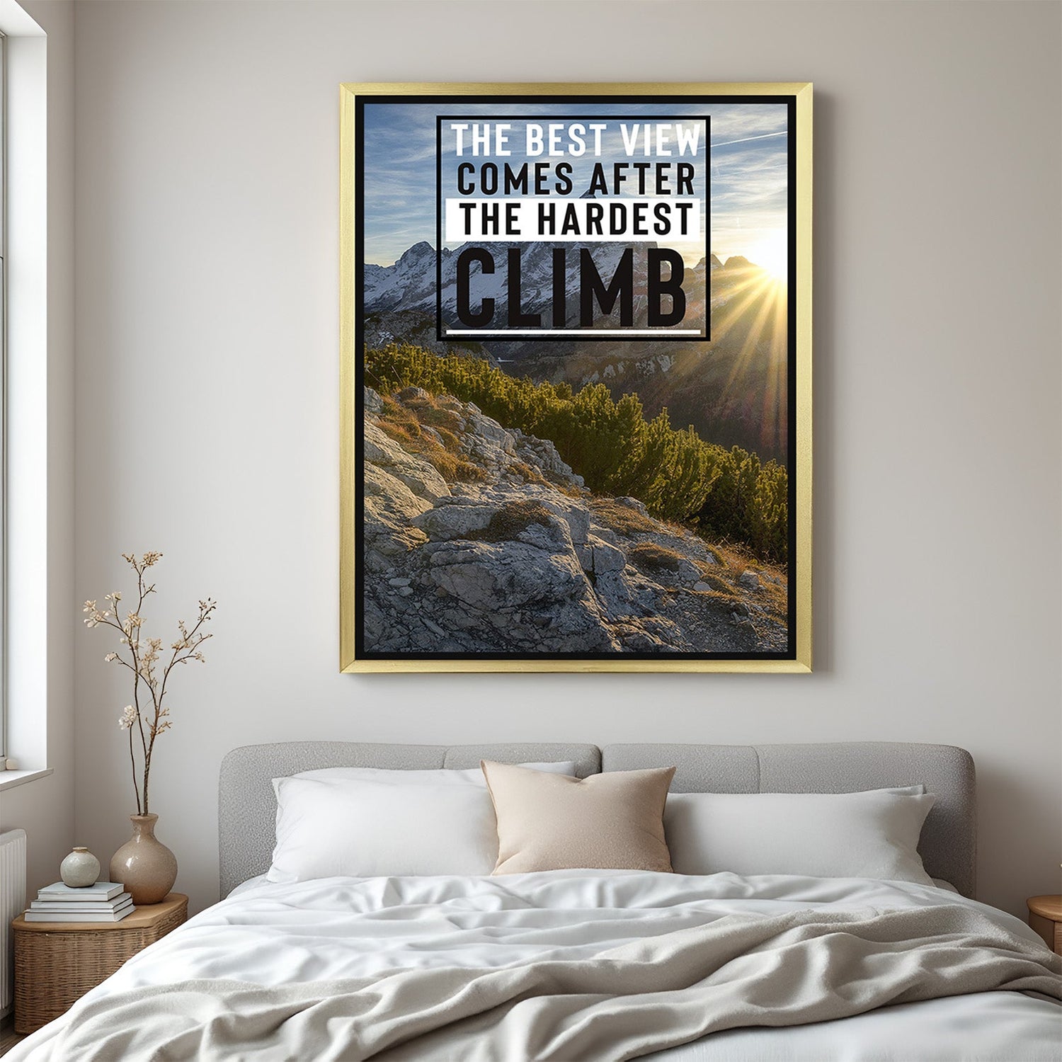 Motivational canvas wall art with golden floater frame featuring hardest climb quote