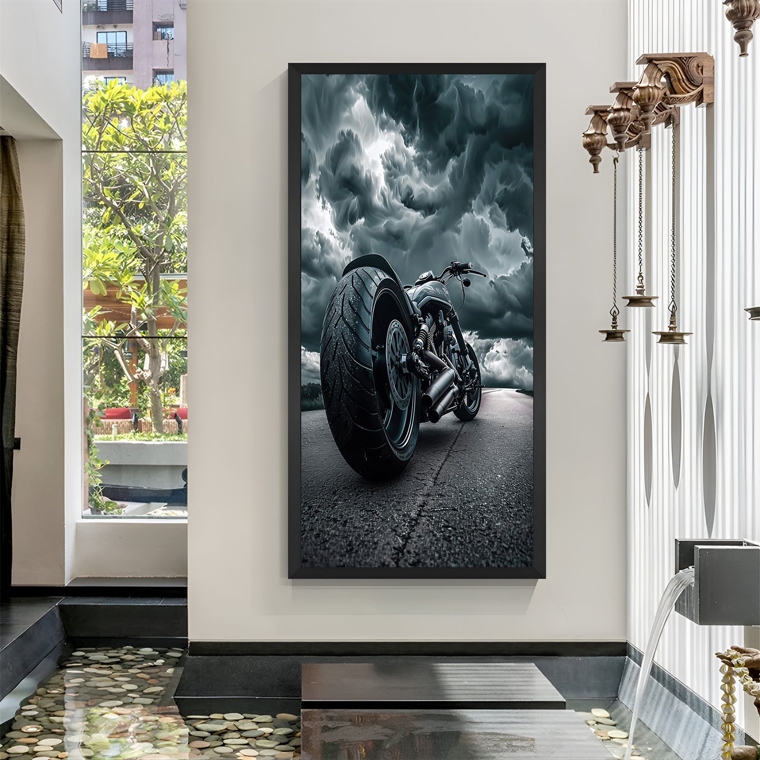 Harley Davidson stormy weather canvas in black frame—ideal for garage walls, bold lounges, or adventure-themed spaces