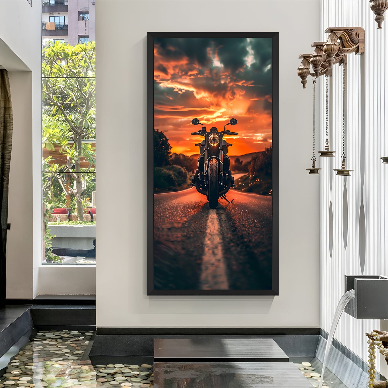 Black frame version of Harley Davidson motorcycle at sunset, ideal for masculine, rustic, and classic room themes
