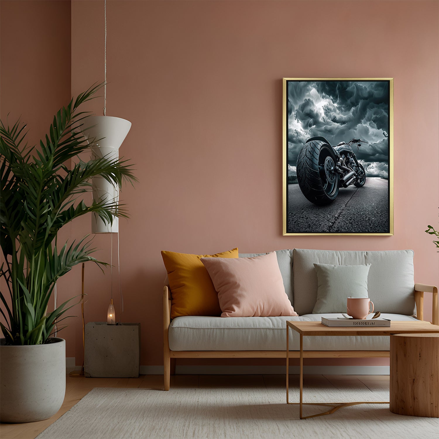 Golden frame wall art of Harley Davidson motorcycle in storm setting—striking decor for fans of rugged bike lifestyle