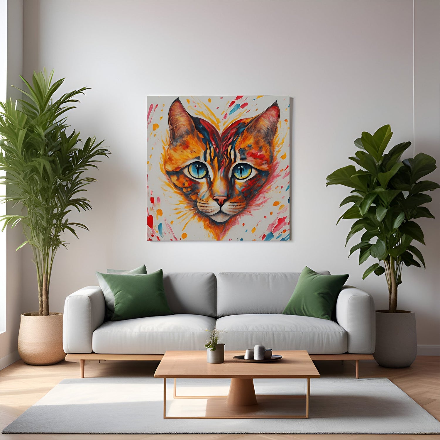 Adorable cat face in heart shape canvas wall art, perfect for pet lovers and cute home interiors with emotional charm