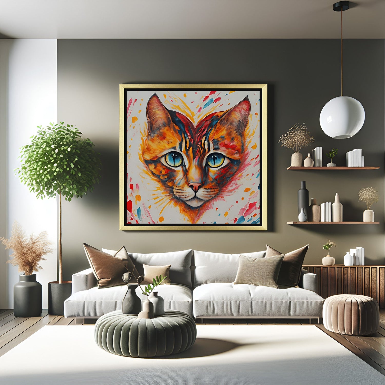 Decorative cat face wall art in golden floater frame, ideal for animal-themed interiors with warmth and love