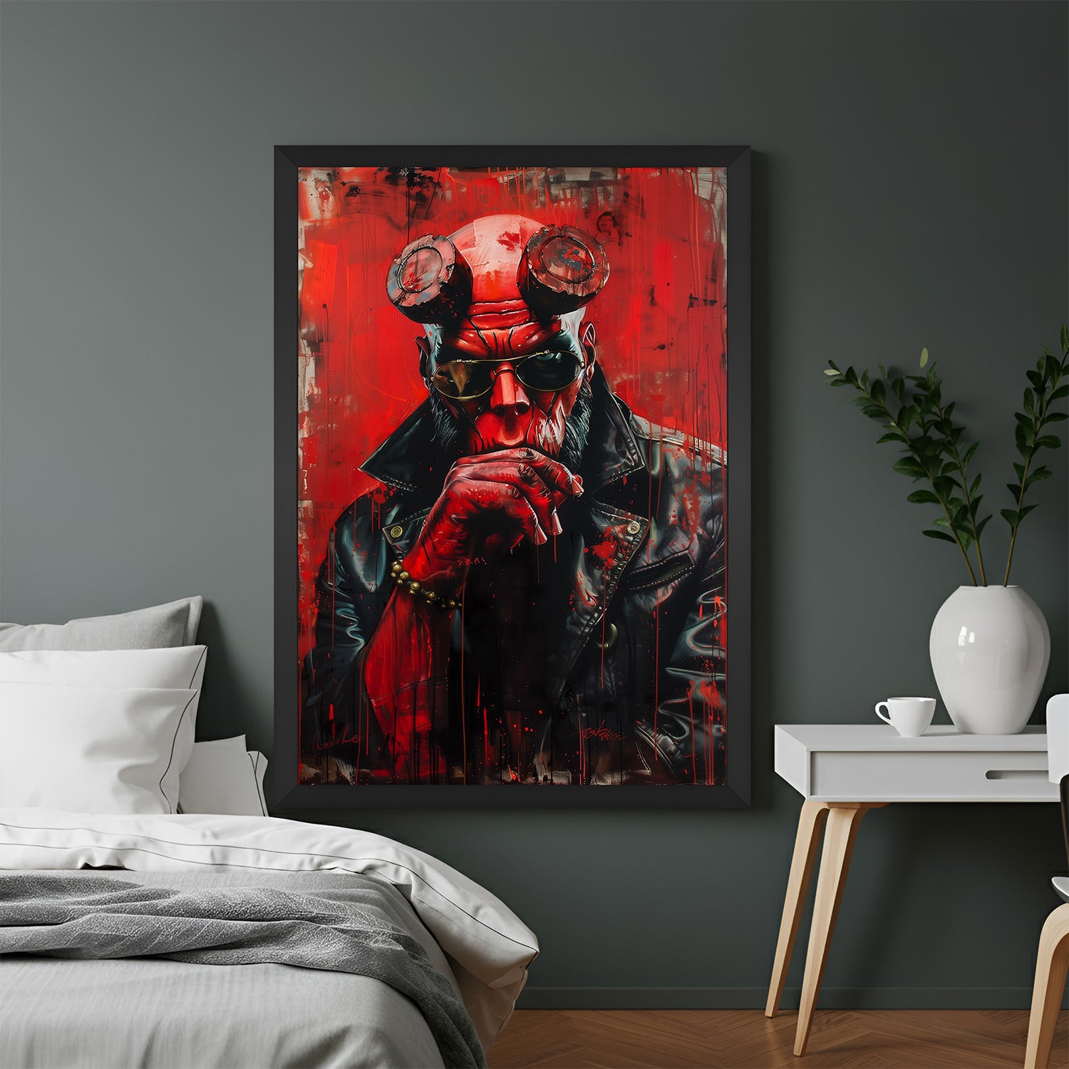 Black-framed Hellboy canvas in deep red tones, perfect for bold home decor, comic-themed rooms, and interiors that celebrate dark heroic art