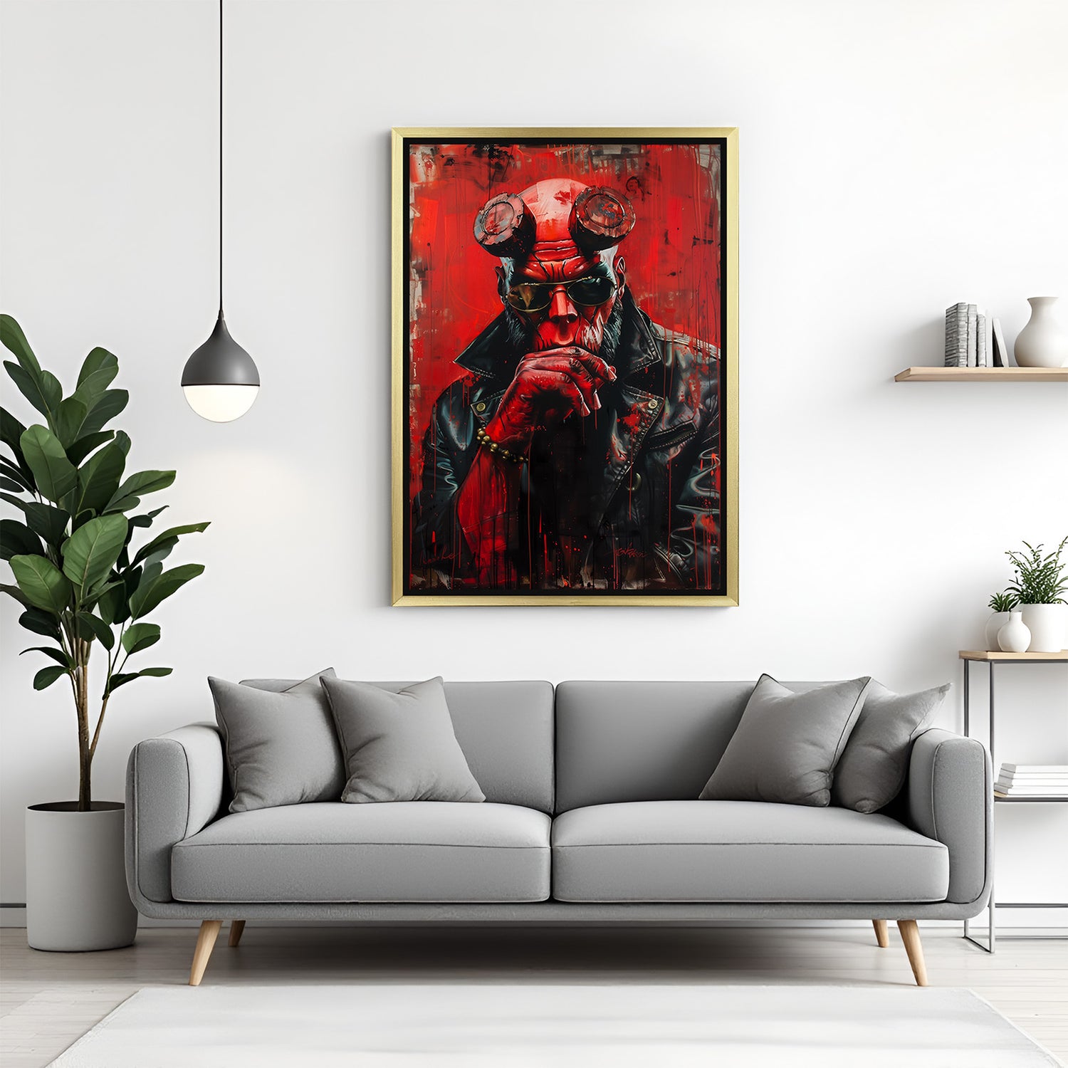 Golden-framed modern canvas of Hellboy in red-themed artwork – ideal for premium home setups with dramatic, character-rich, and cinematic wall decor