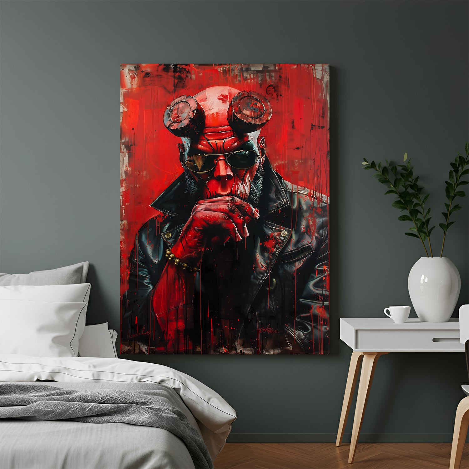 Modern canvas art of Hellboy in a red-themed painted style, showcasing the character’s powerful stance and supernatural intensity for bold, fantasy-inspired decor