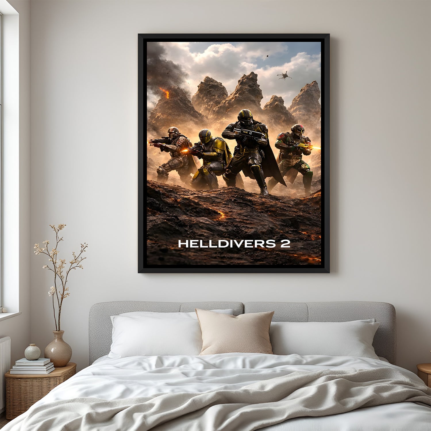 Helldivers Galactic Last Stand wall painting in black floater frame with cinematic sci-fi warfare artwork