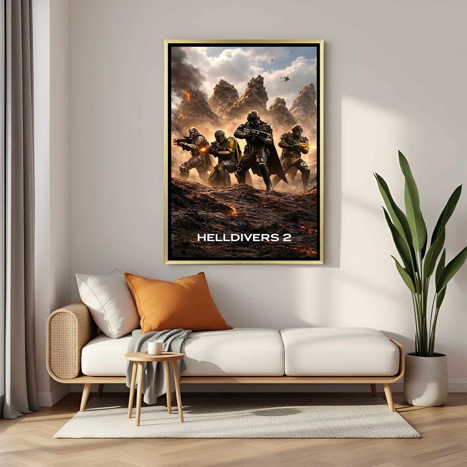 Helldivers Galactic Last Stand artwork in luxury golden floater frame featuring futuristic combat and space warfare design