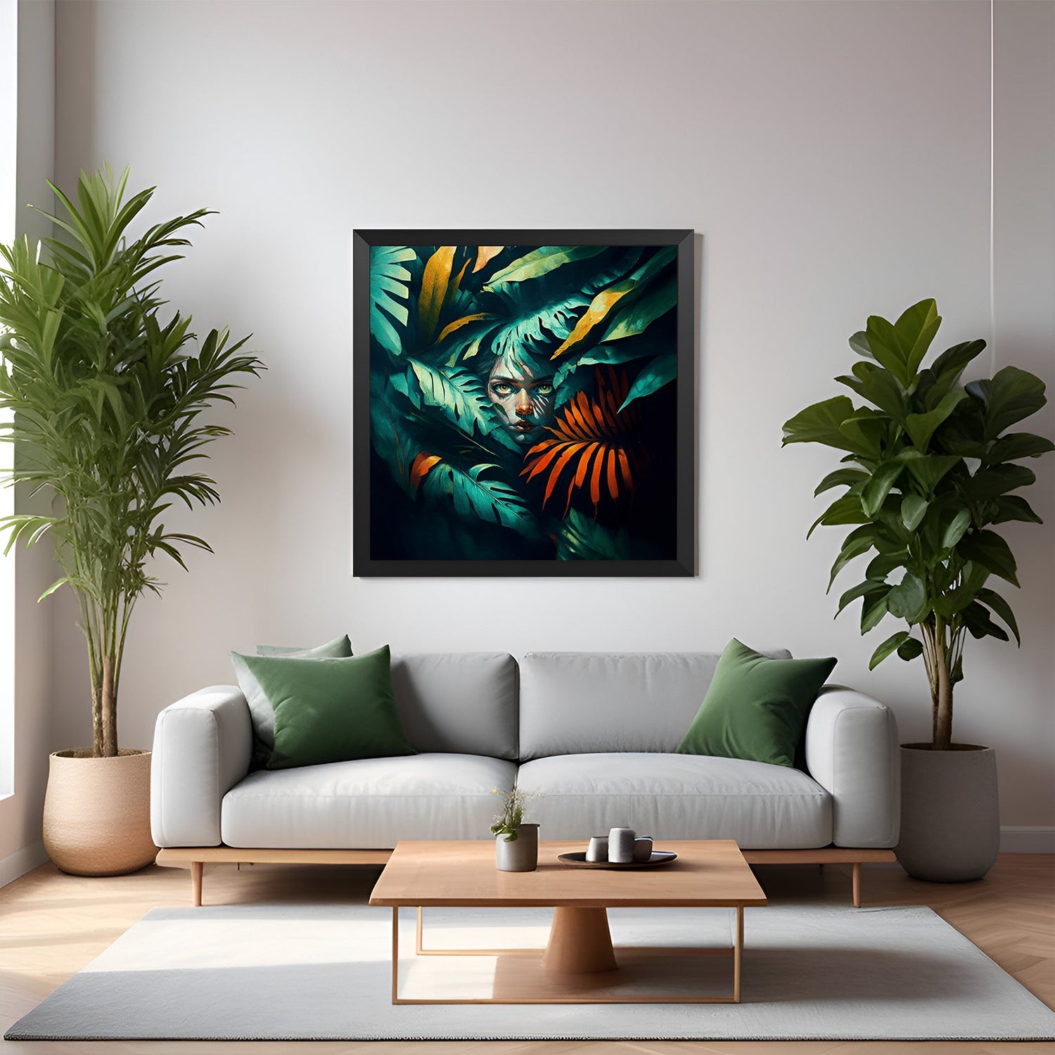 Black-framed modern canvas of woman partially hidden by green leaves—bold feminine wall art blending jungle themes and contemporary mystery