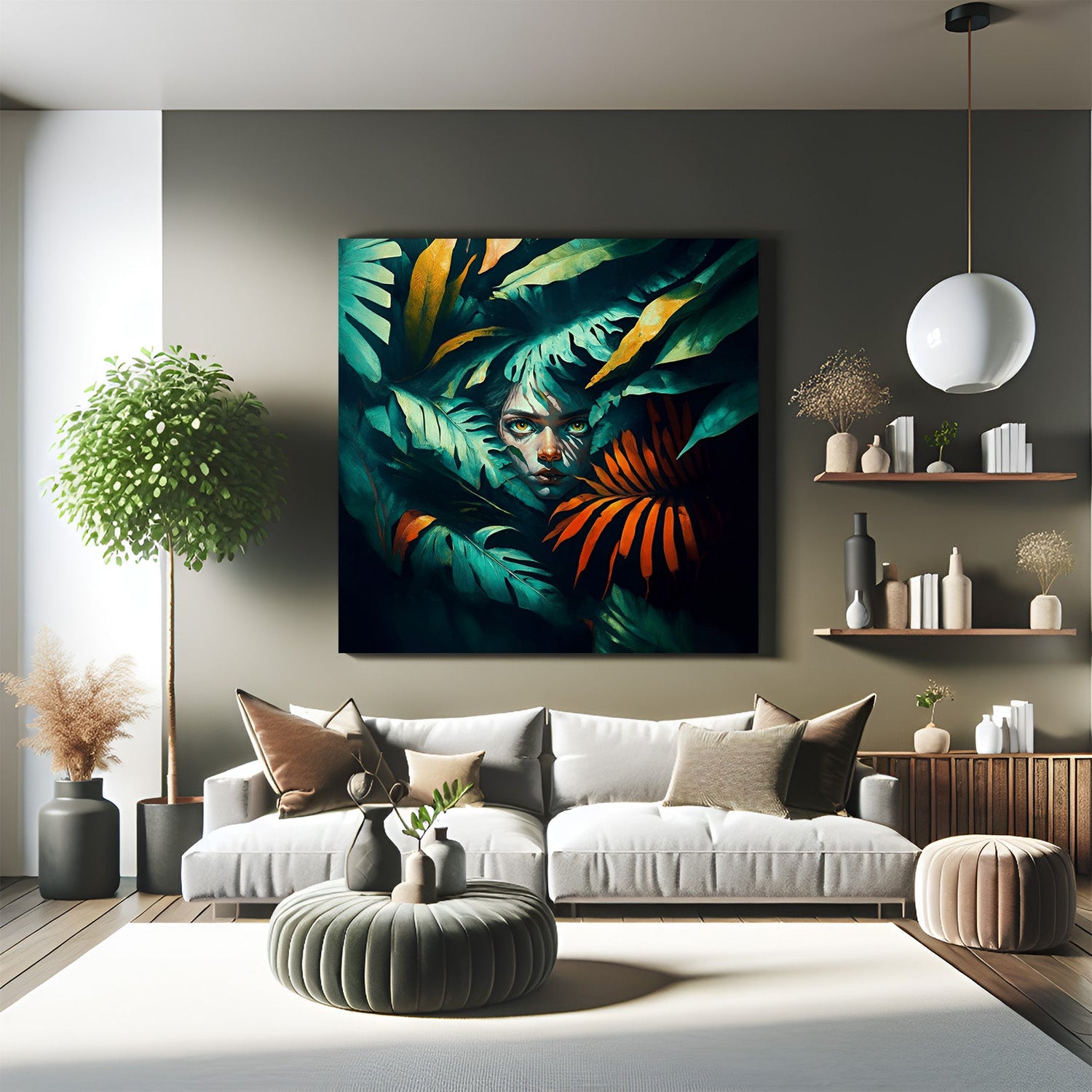 Modern canvas wall art of a woman's face hidden behind large tropical jungle leaves—symbolic nature-themed artwork for feminine, bohemian, and serene interiors