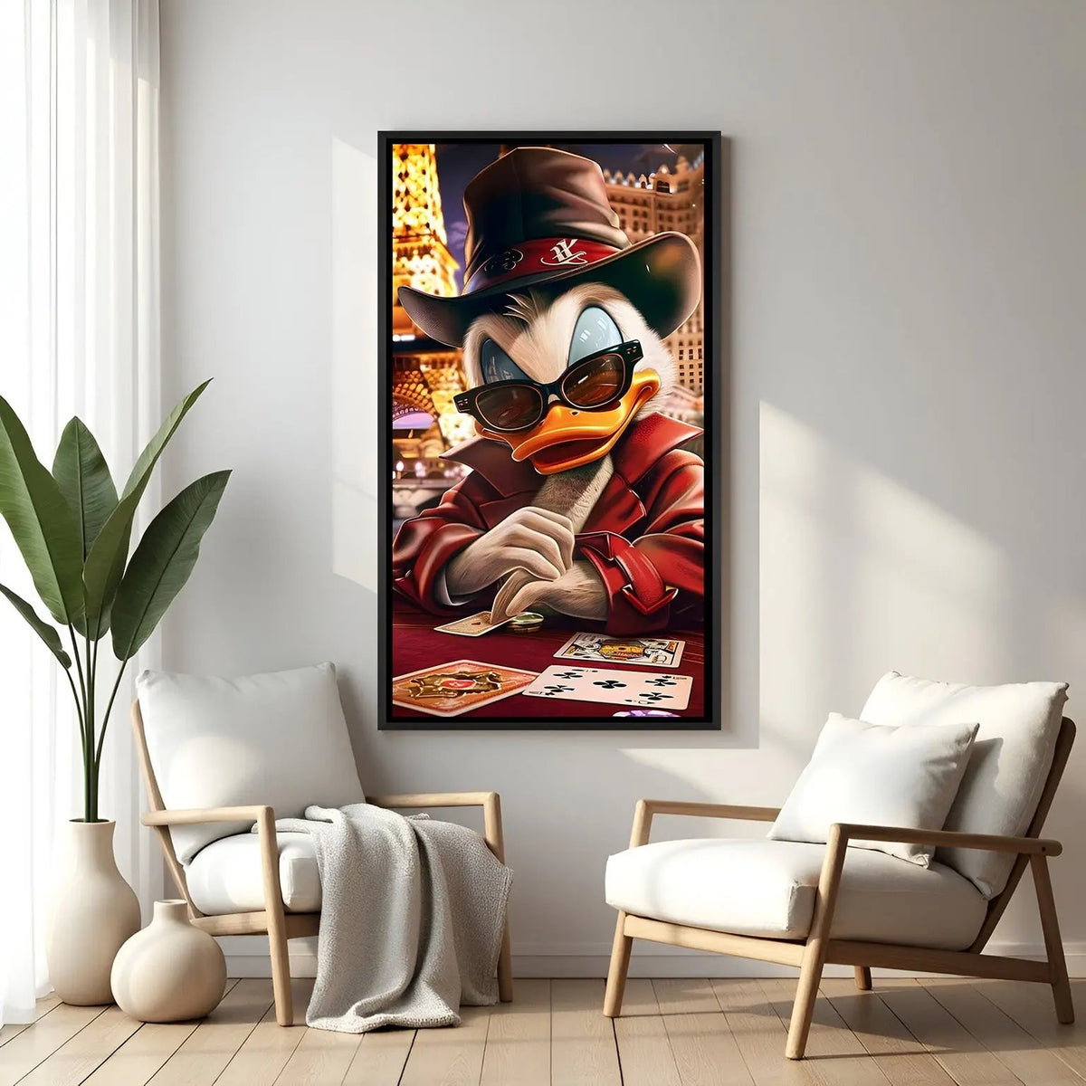 McDuck card game artwork in elegant black floater frame featuring casino and luxury-themed cartoon design
