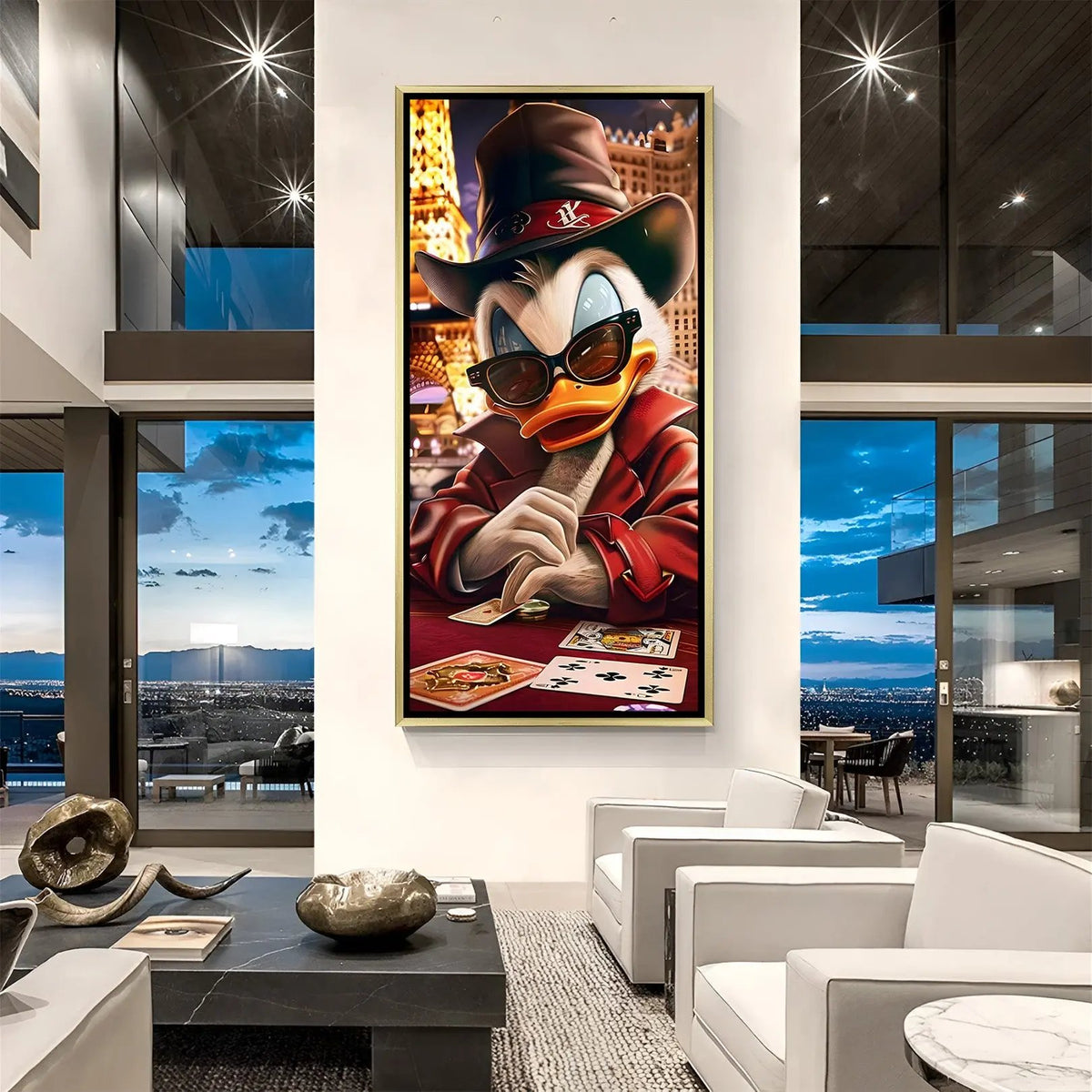 Luxury McDuck canvas artwork in golden floater frame with playing cards and premium casino aesthetic