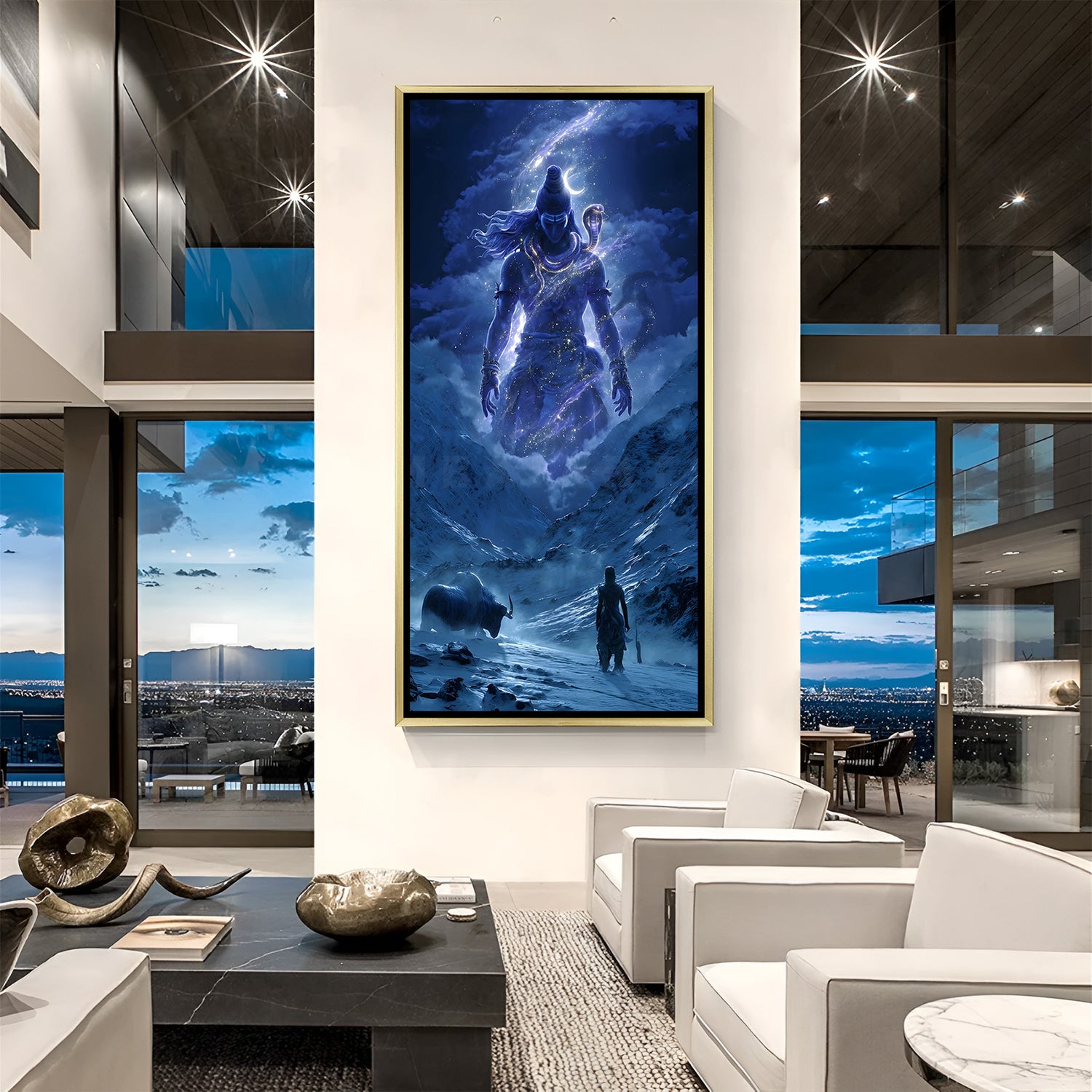 Divine Lord Shiva cosmic canvas painting with Himalayan mountains in luxurious golden floater frame