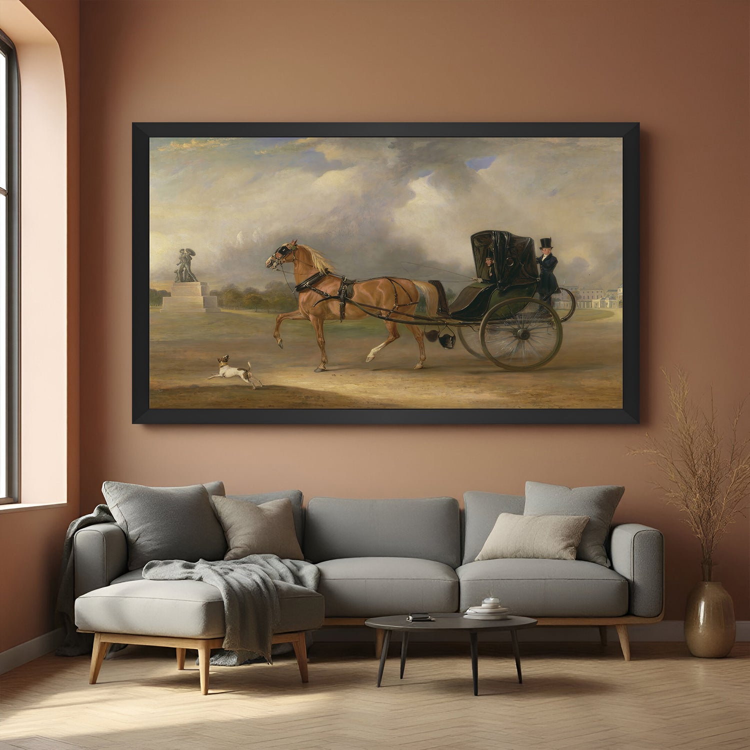 Black-framed canvas of horse-drawn cart with couple—classic vintage countryside wall art