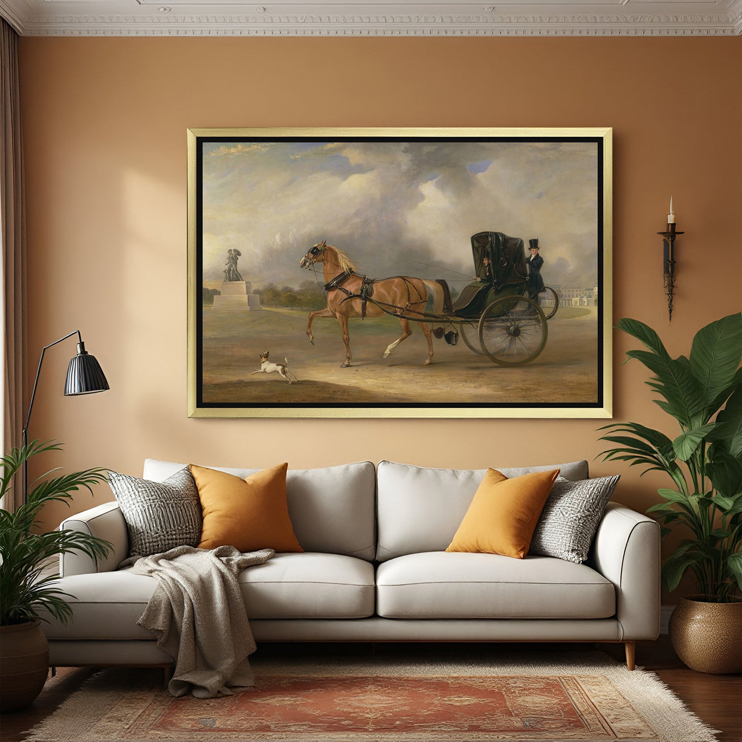 Golden-framed vintage style canvas showing a horse-drawn cart with man and lady—elegant rustic wall decor
