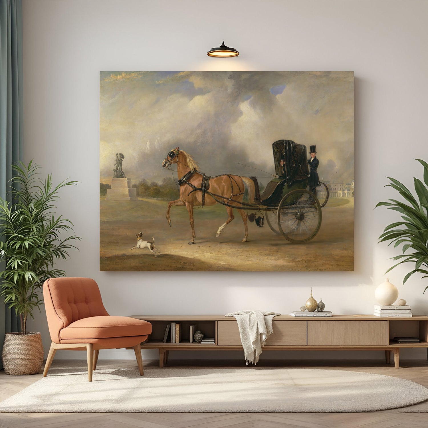 Horse dragging a cart with a man and lady—vintage scene printed on aged canvas for nostalgic decor