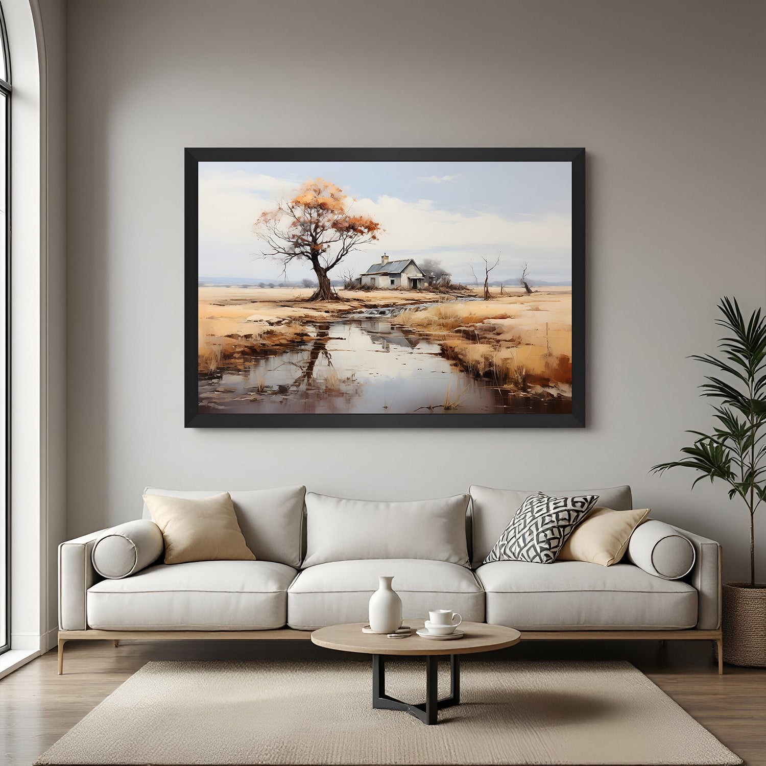 Black-framed canvas print of house and tree reflecting in water—vintage landscape wall art with serene country feel