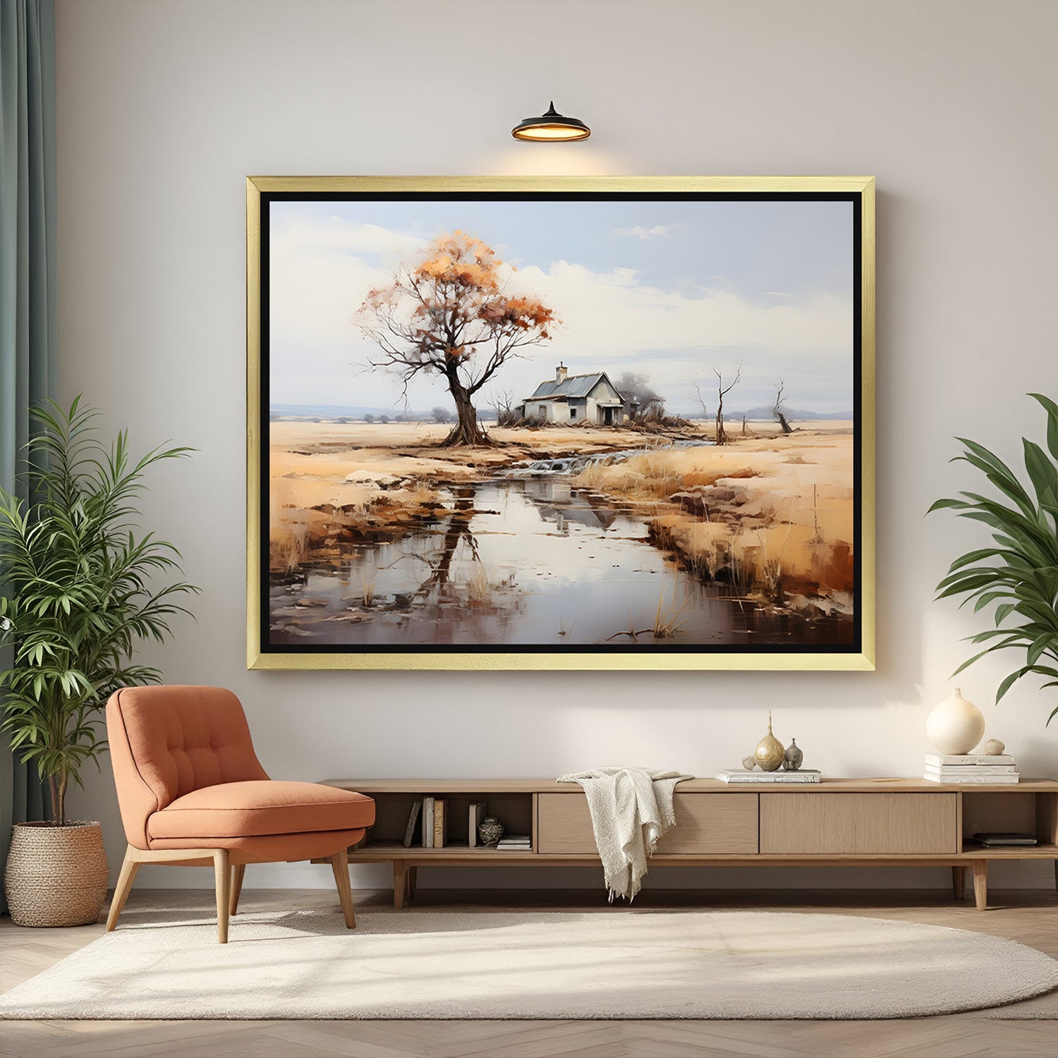 Golden-framed ancient-style canvas of house and tree with river reflection—vintage wall art for calm, nature-themed spaces