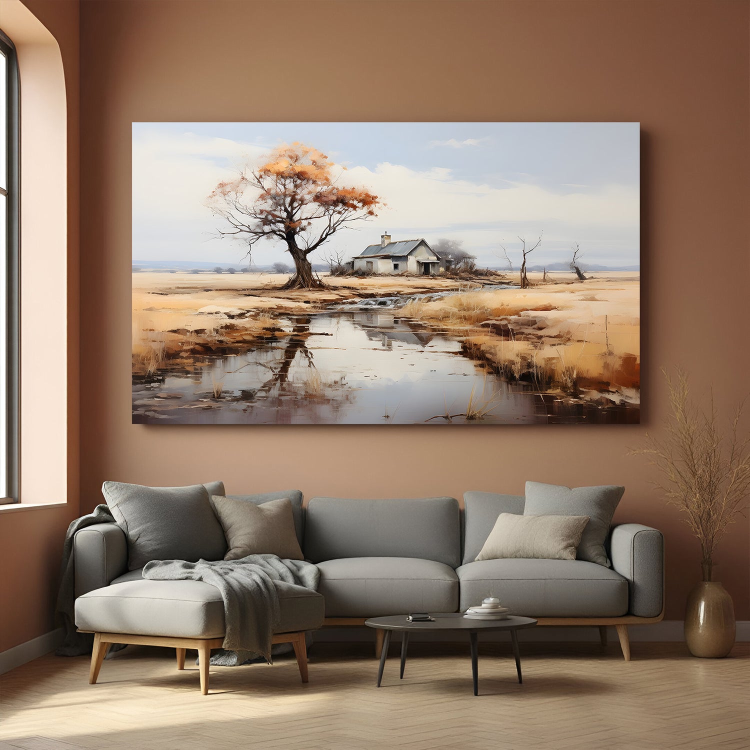 Vintage canvas art of house and tree with river reflection—ancient-style peaceful wall art for rustic decor