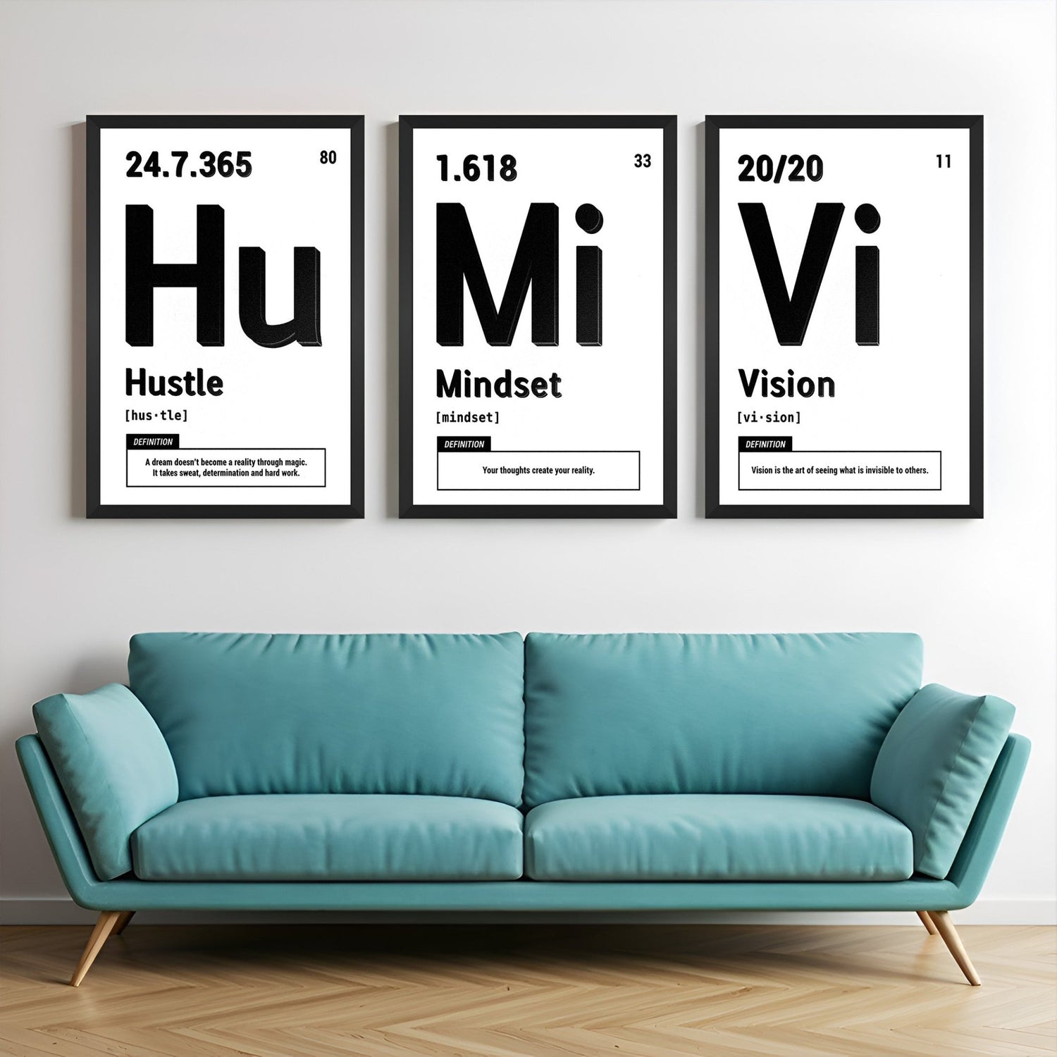 Set of 3 canvas prints featuring chemistry-style symbols HU (Hustle), MI (Mindset), and VI (Vision) with motivational definitions – perfect for home or office