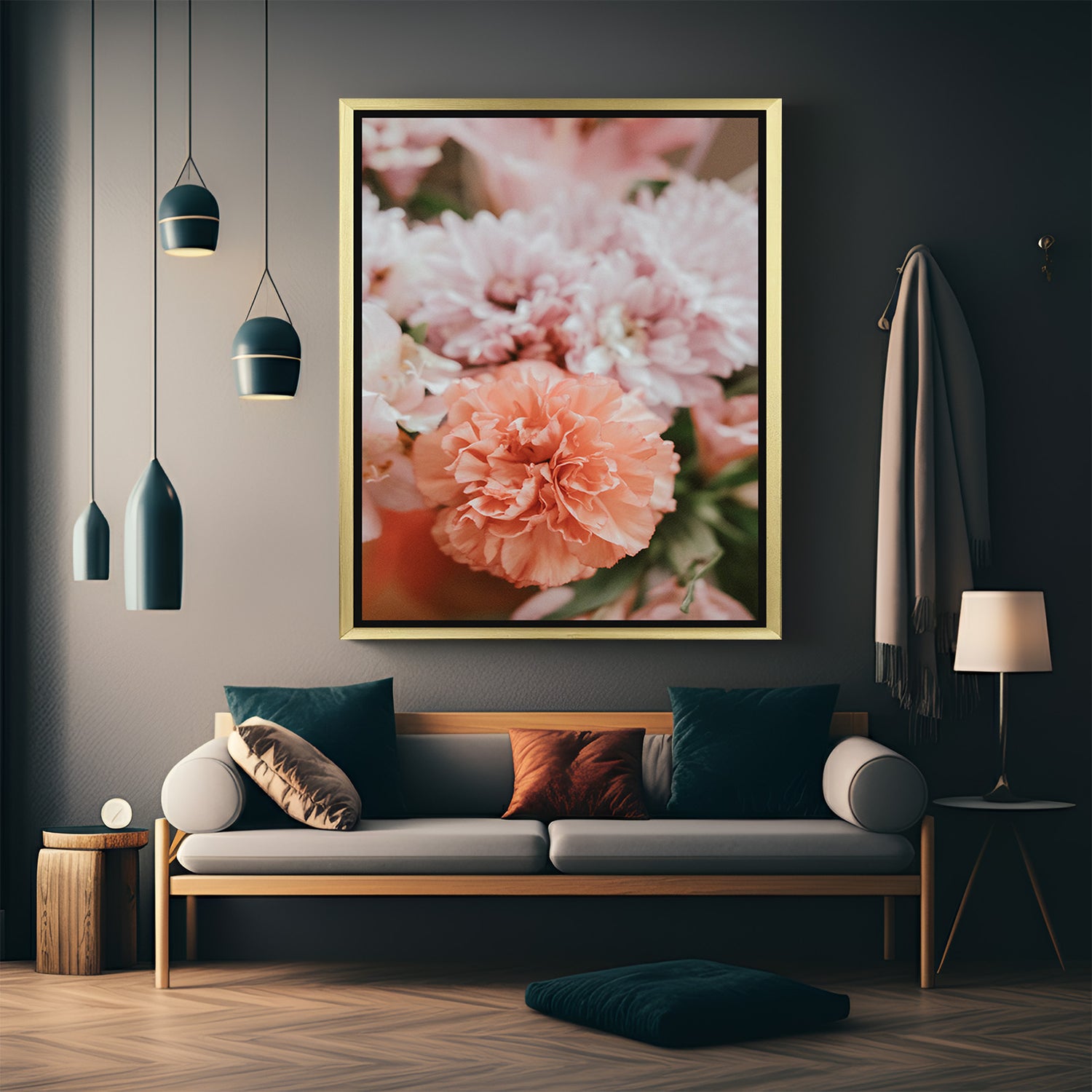 Golden-framed canvas wall art of realistic flowers with vivid detail, designed to bring nature’s charm into your interior space