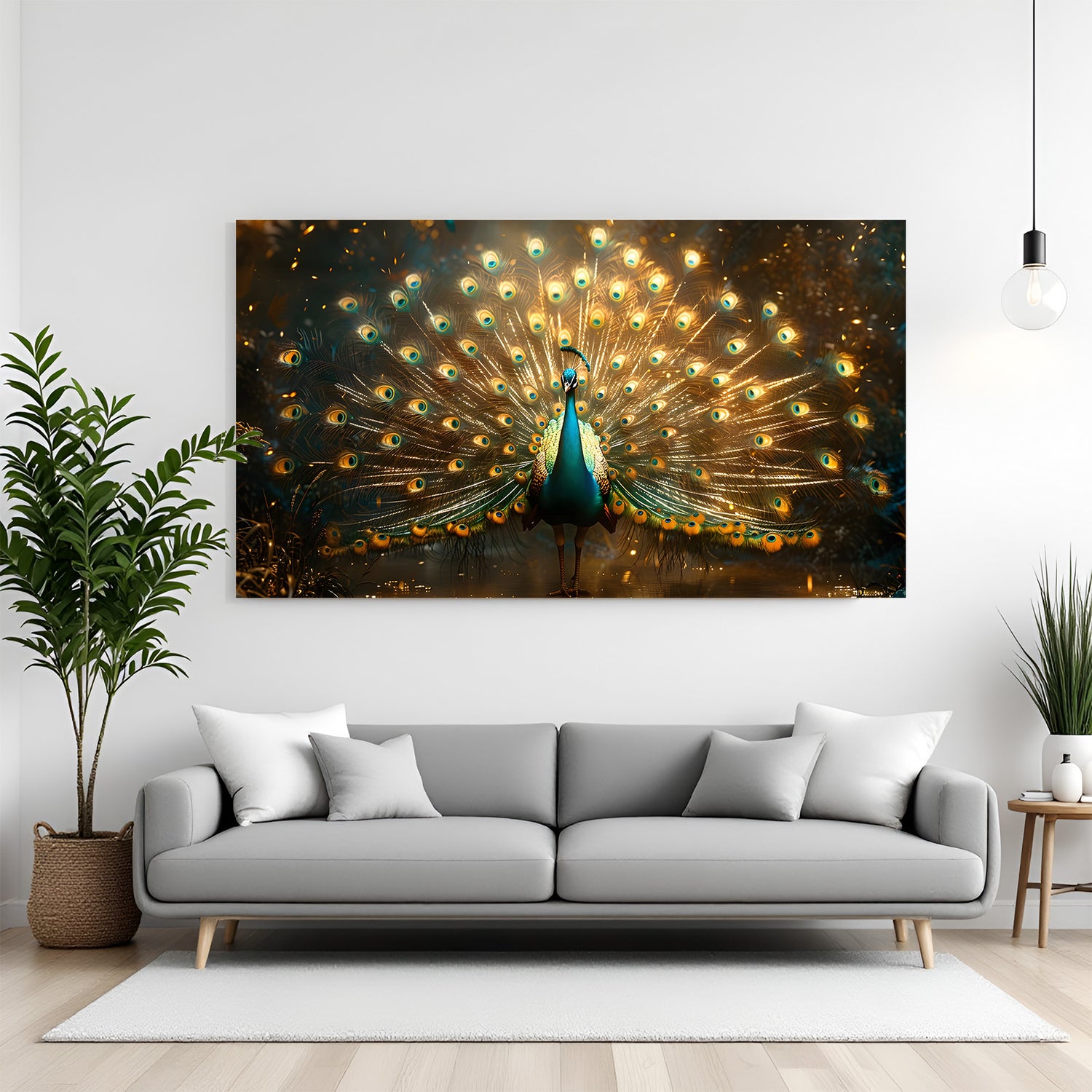 Large panoramic peacock wall art featuring radiant golden feather display in a dramatic dark setting.