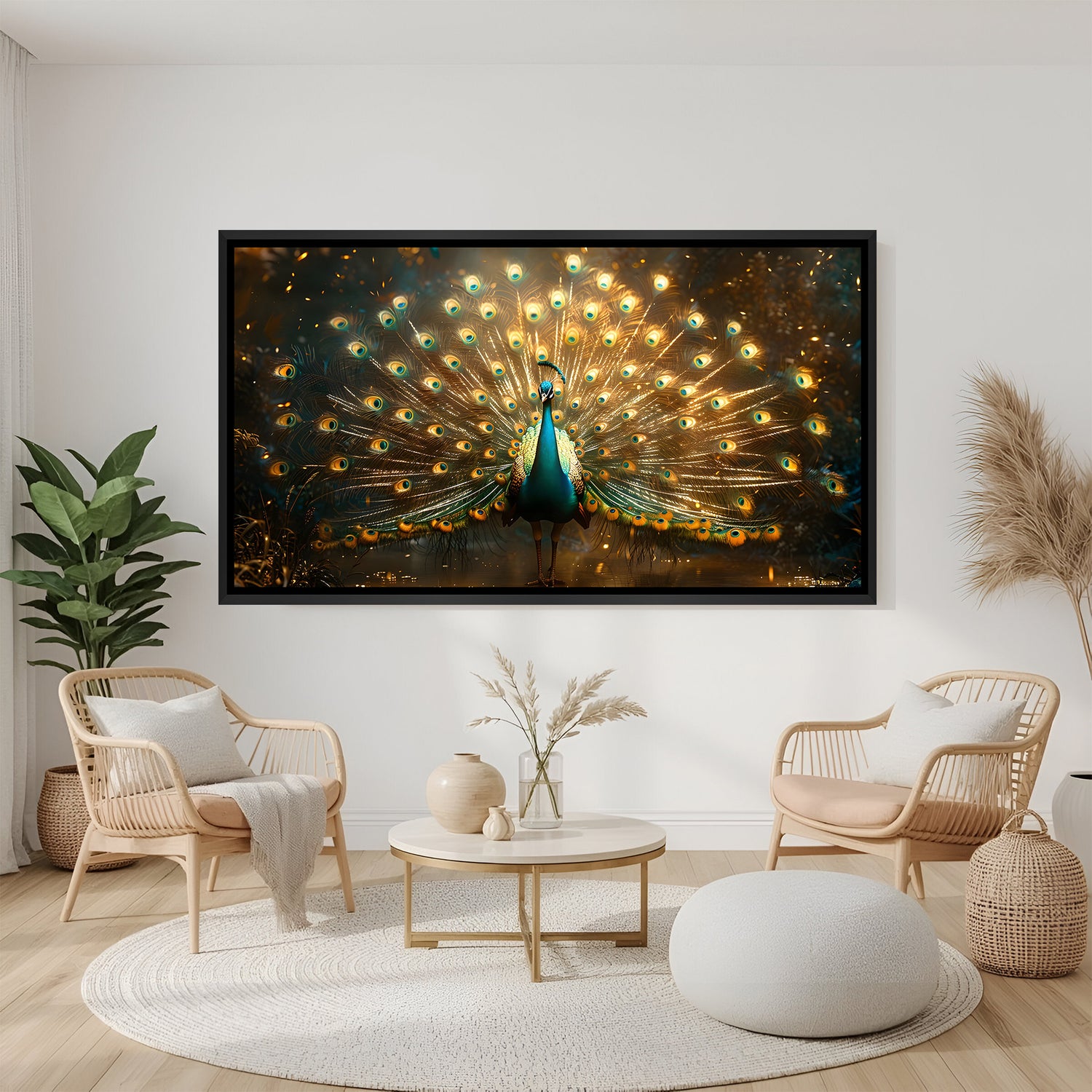 Luxury peacock panorama artwork in sleek black frame displayed above modern grey sofa.