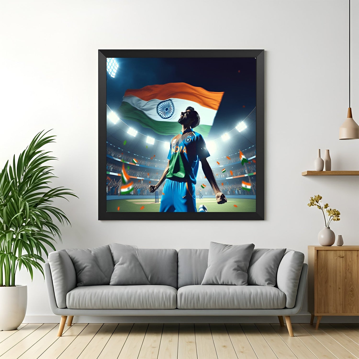 Black-framed canvas print featuring an Indian cricket player celebrating a win with India’s flag in the background—bold and energetic modern decor