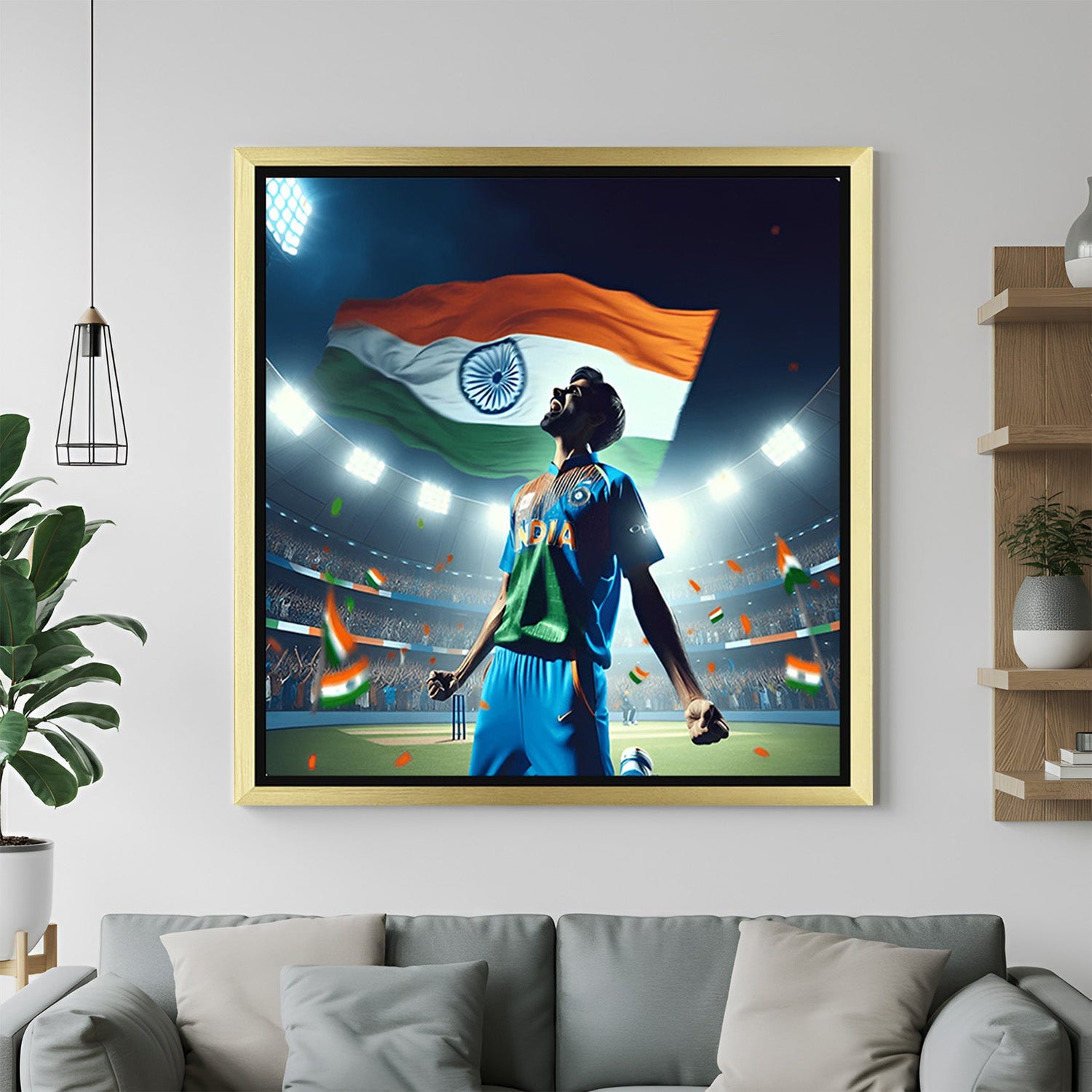 Golden-framed modern art canvas showing a victorious Indian cricketer and national flag—perfect for cricket-themed interiors and patriotic wall art