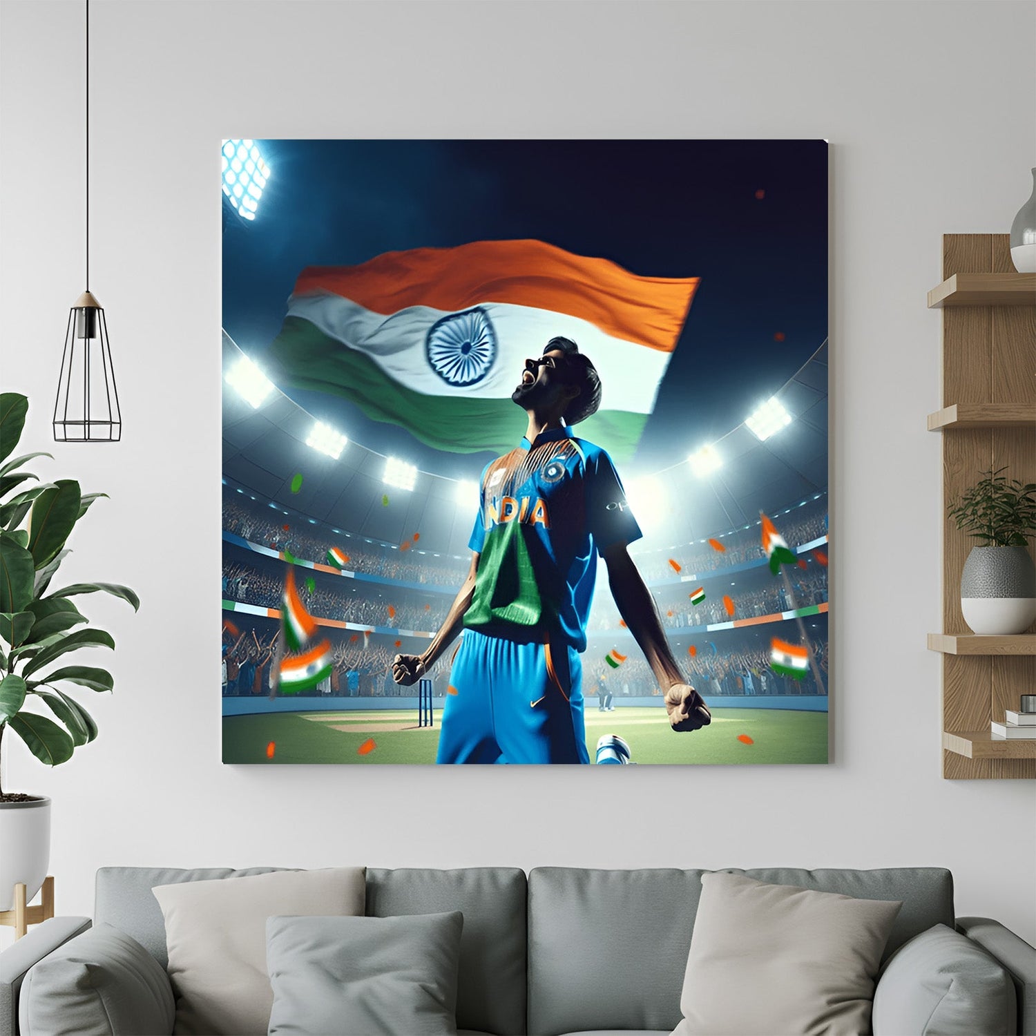 Modern art canvas of Indian cricketer screaming in celebration with the Indian flag behind—dynamic patriotic wall art for sports lovers