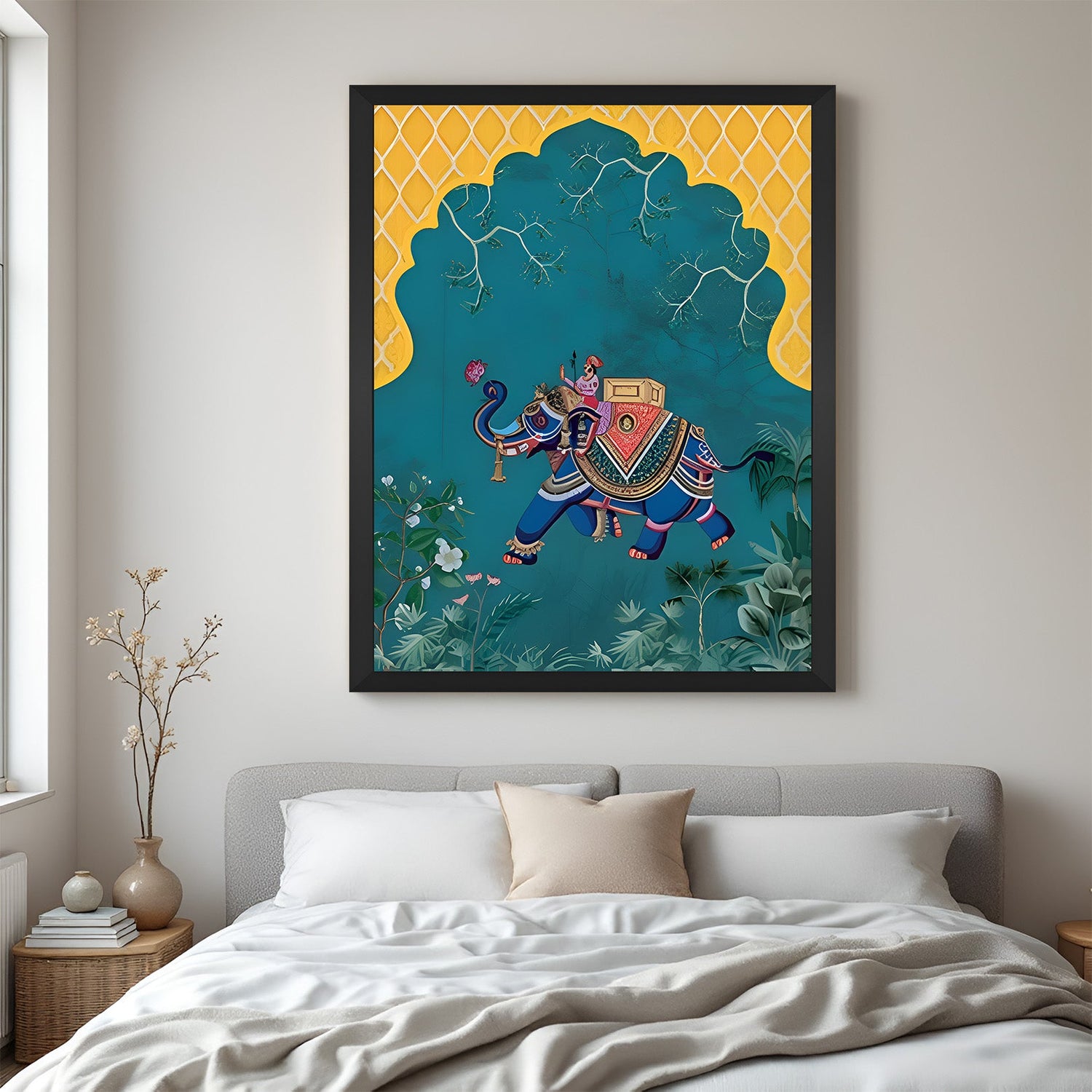 Indian elephant canvas painting in black floater frame for regal wall decoration