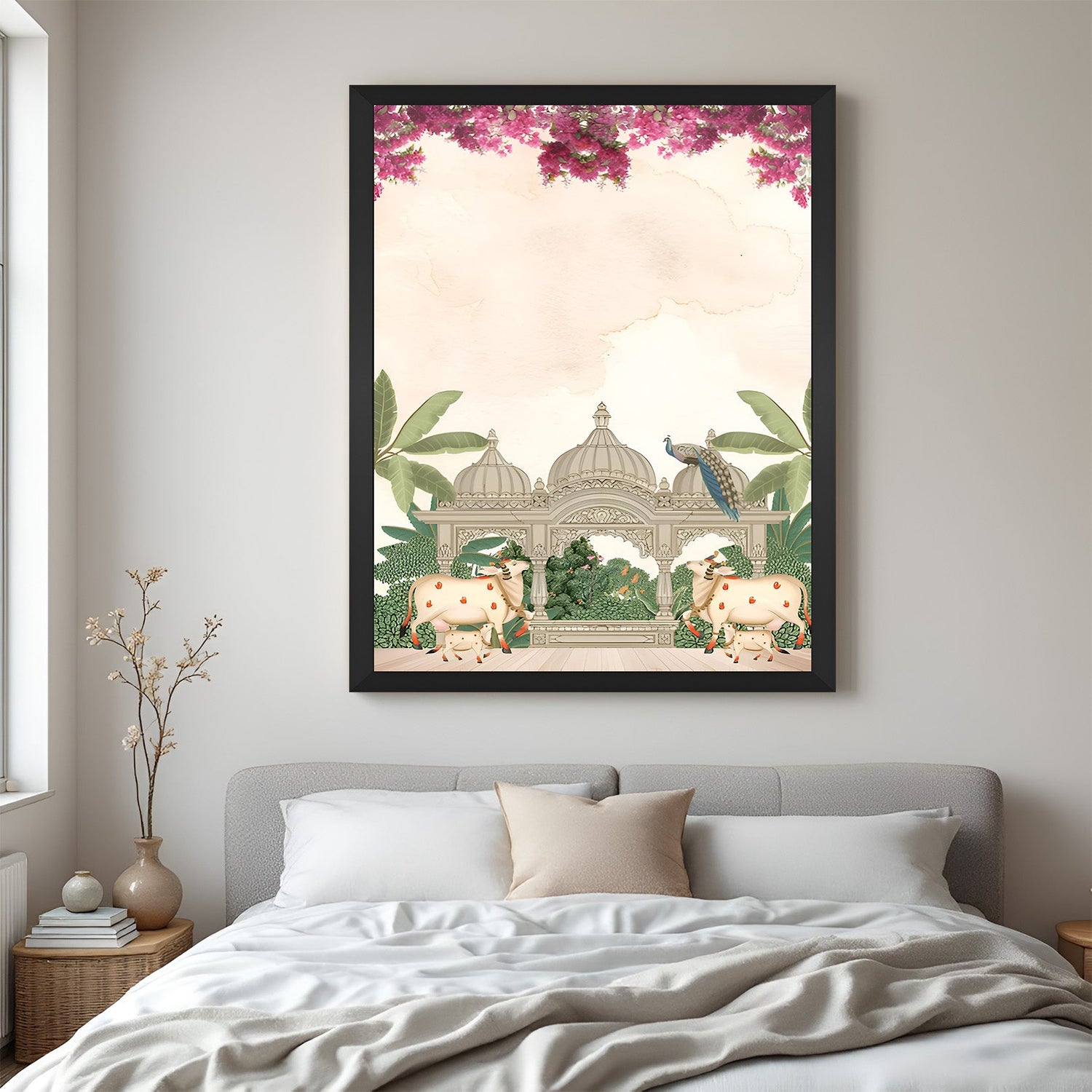 Traditional cow Pichwai in black floater frame for office and spiritual rooms