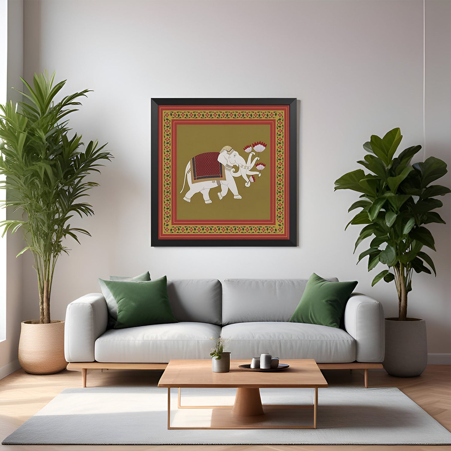 Indian ethnic elephant canvas painting in black floater frame for powerful and artistic office or home decor