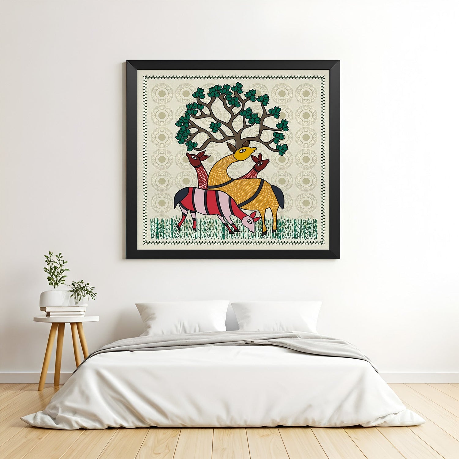 Black frame Kalighat wall art – large Indian canvas painting for ethnic and heritage-inspired home decor