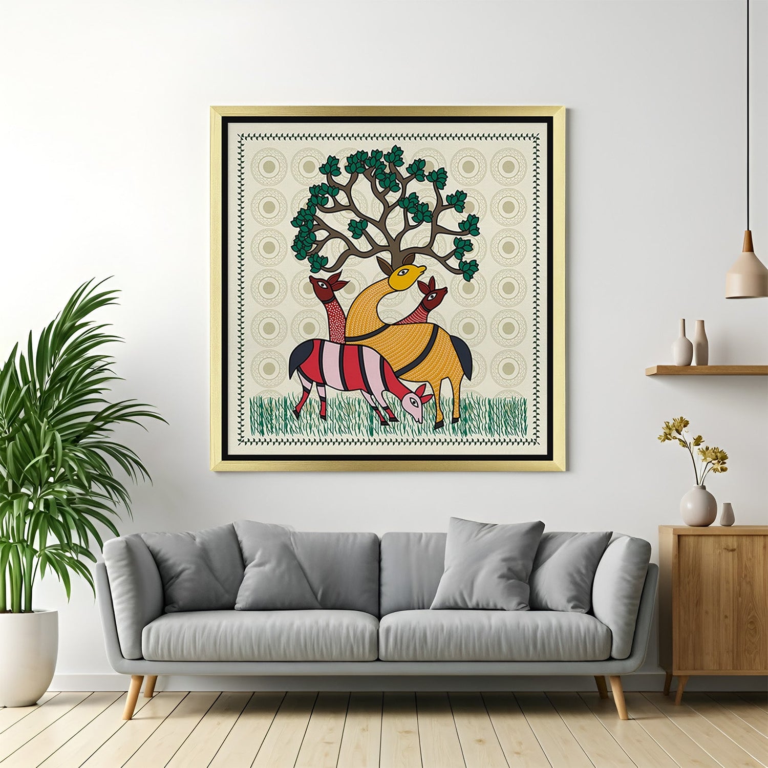 Golden frame Kalighat canvas painting – oversized Bengal folk artwork for spiritual and artistic Indian interiors