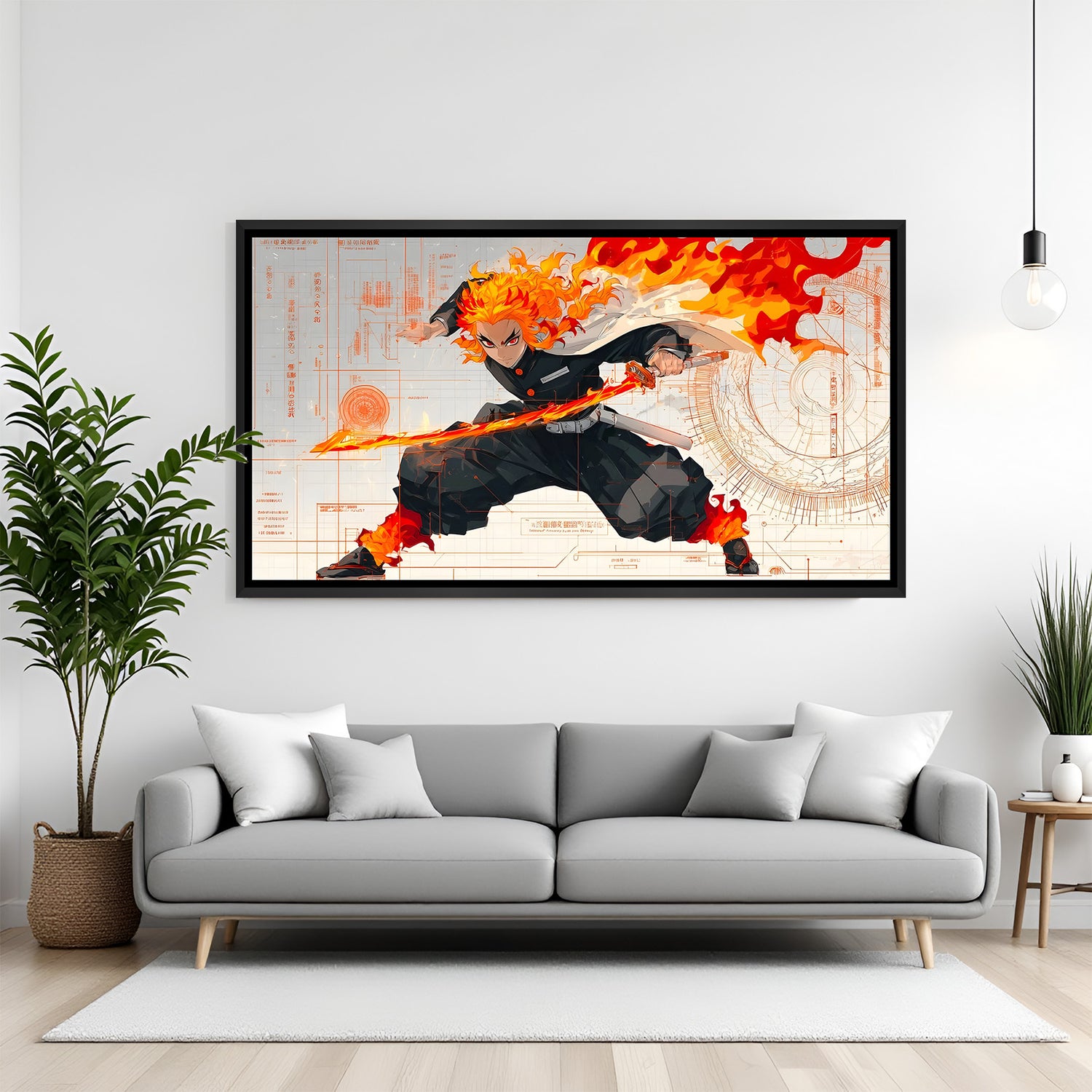 Rengoku anime artwork in black floater frame featuring fiery sword and powerful flame battle aesthetic