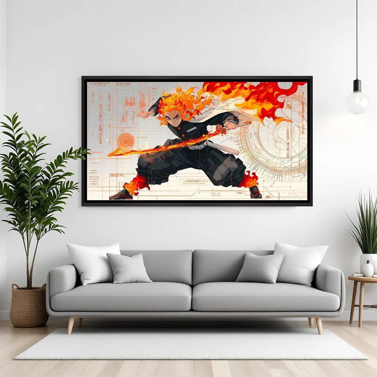 Rengoku anime artwork in black floater frame featuring fiery sword and powerful flame battle aesthetic