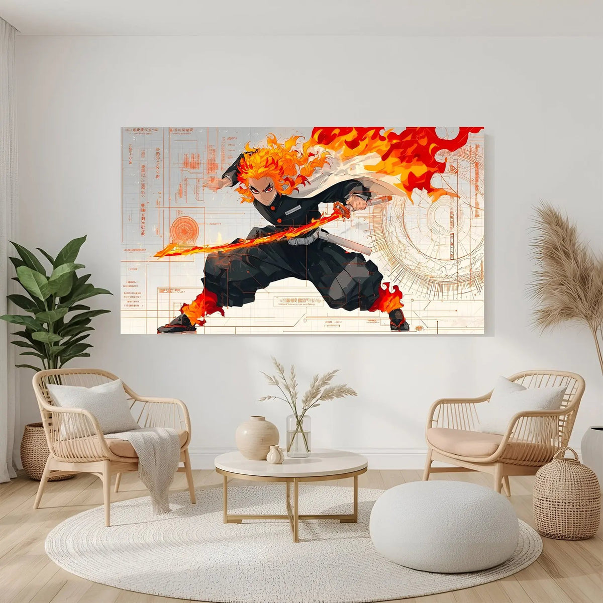 Rengoku holding flaming sword anime canvas wall art in premium canvas wrapped frame with intense fire effects