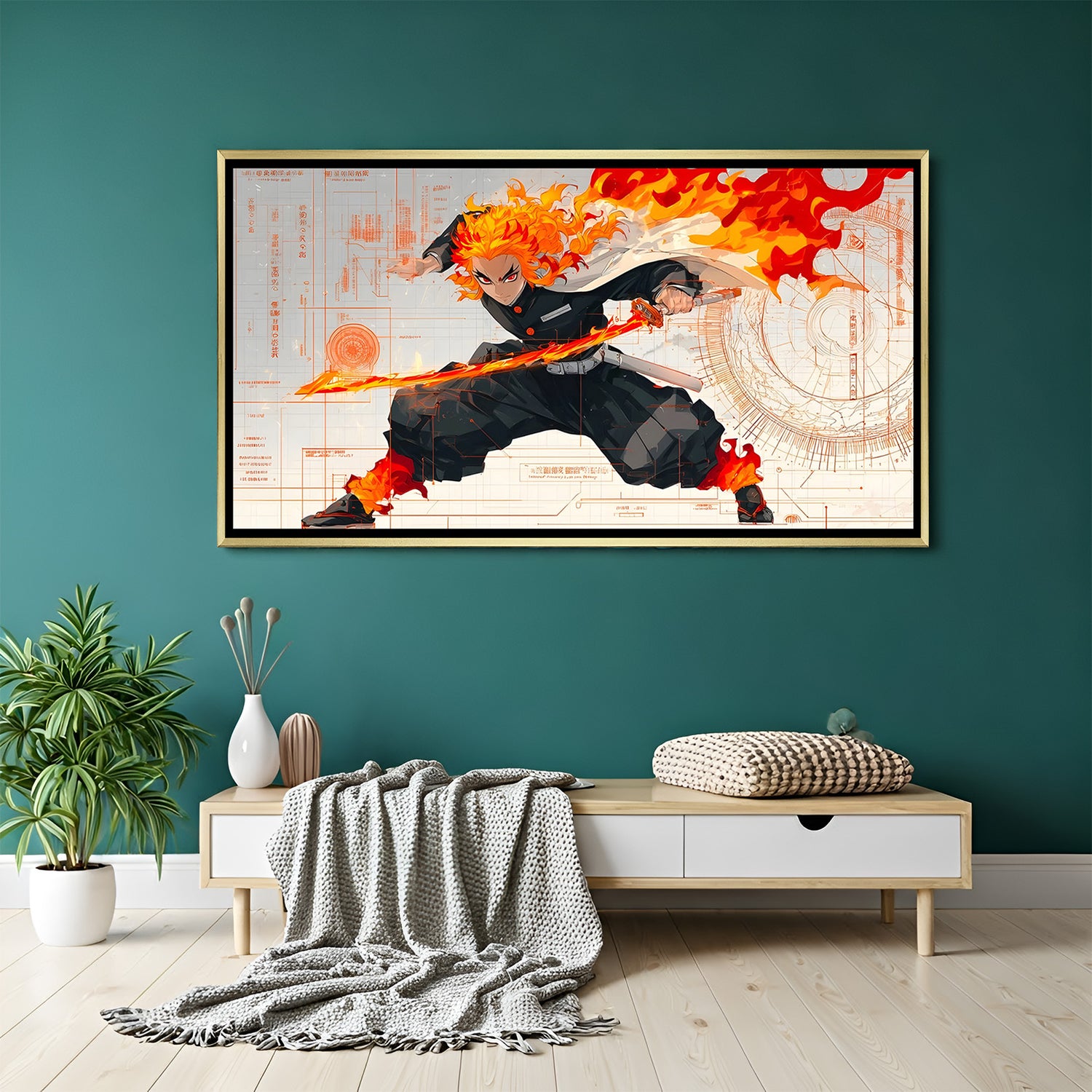 Luxury Rengoku canvas artwork in golden floater frame with blazing sword and dramatic flame-inspired design