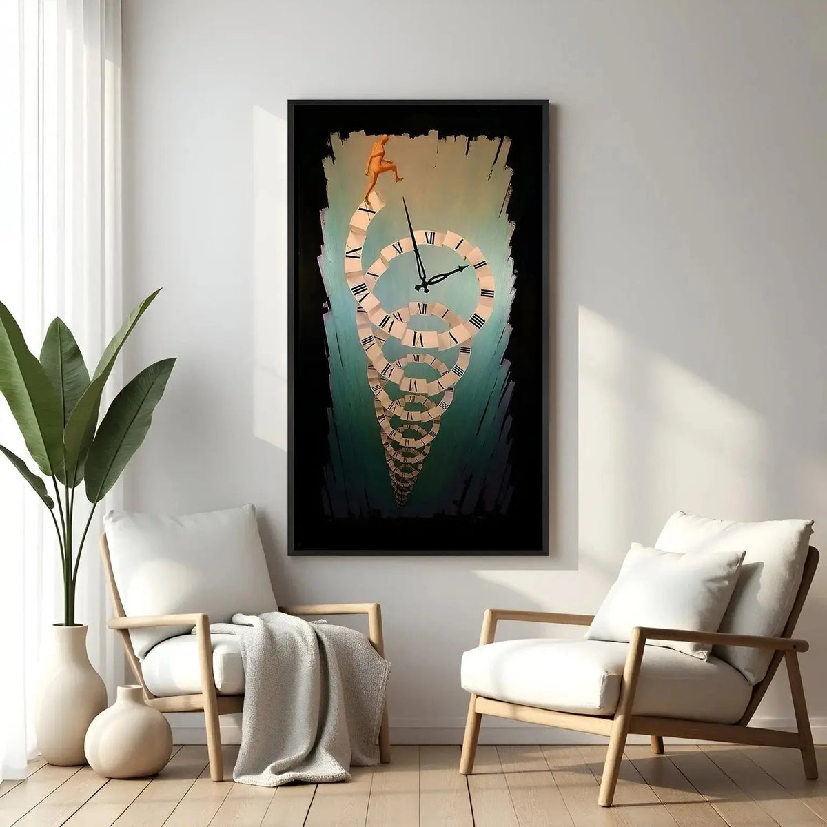 Surreal clock spiral artwork in elegant black floater frame symbolizing time, ambition, and personal growth