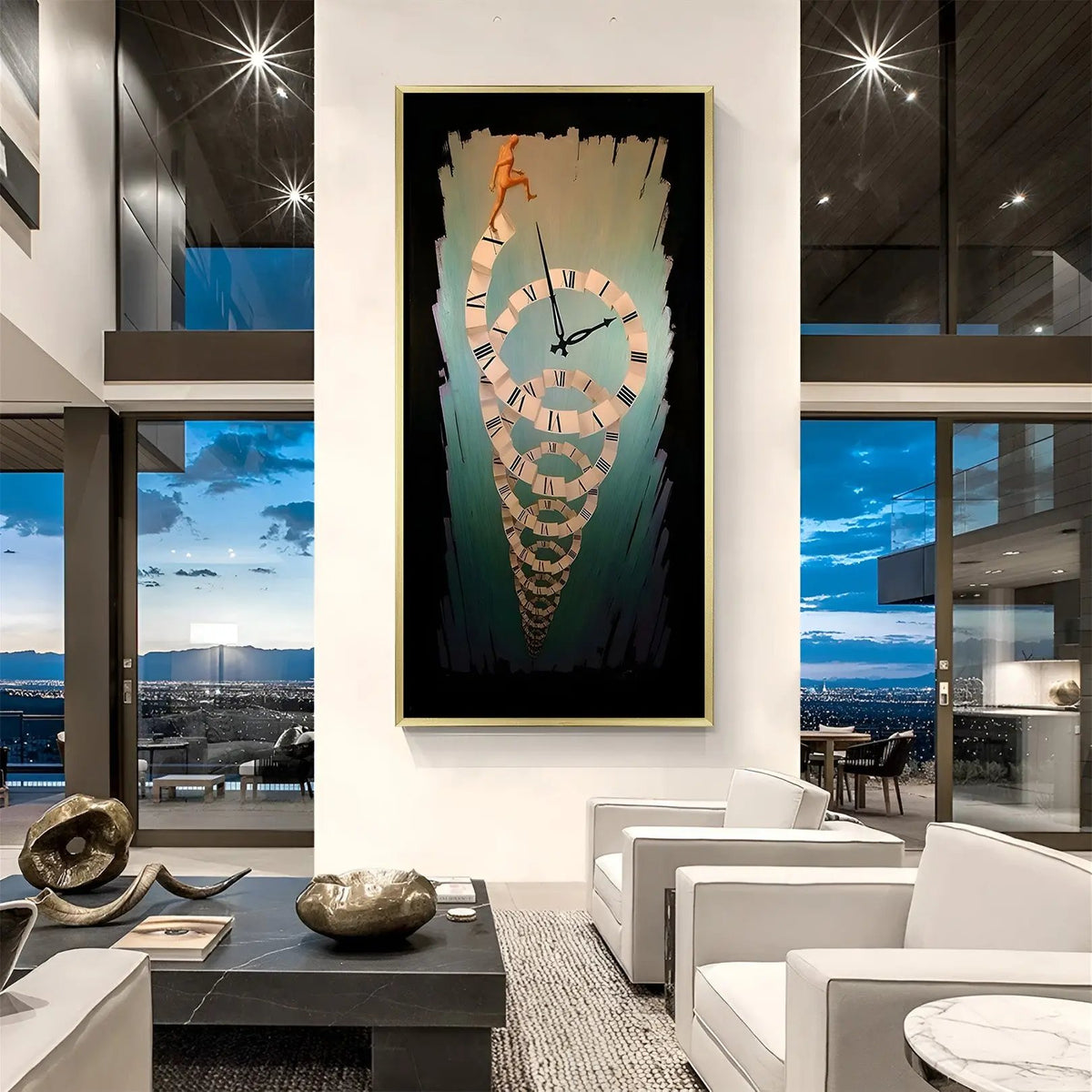 Infinite Time Ascension canvas artwork in luxury golden floater frame featuring an abstract journey through time