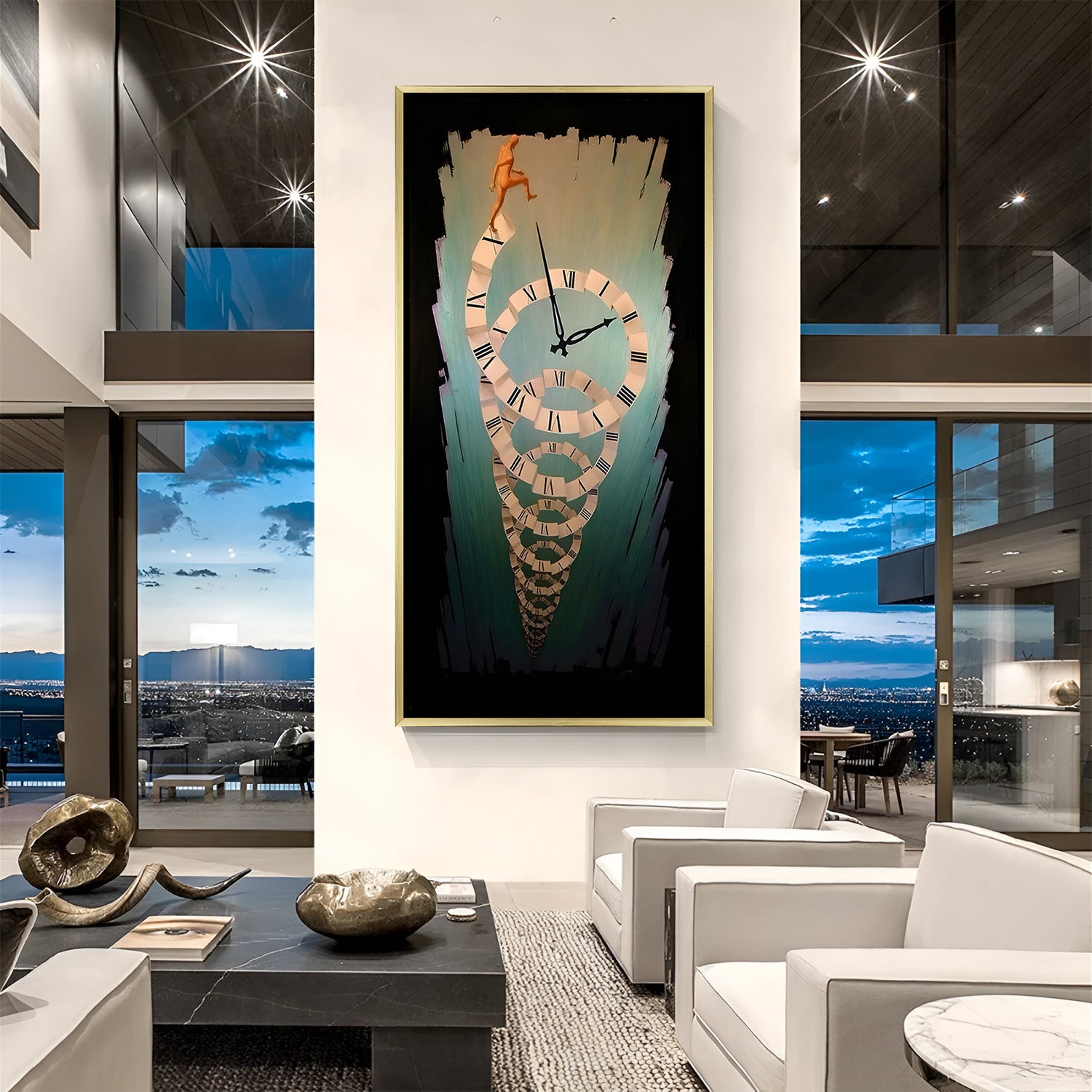 Infinite Time Ascension canvas artwork in luxury golden floater frame featuring an abstract journey through time